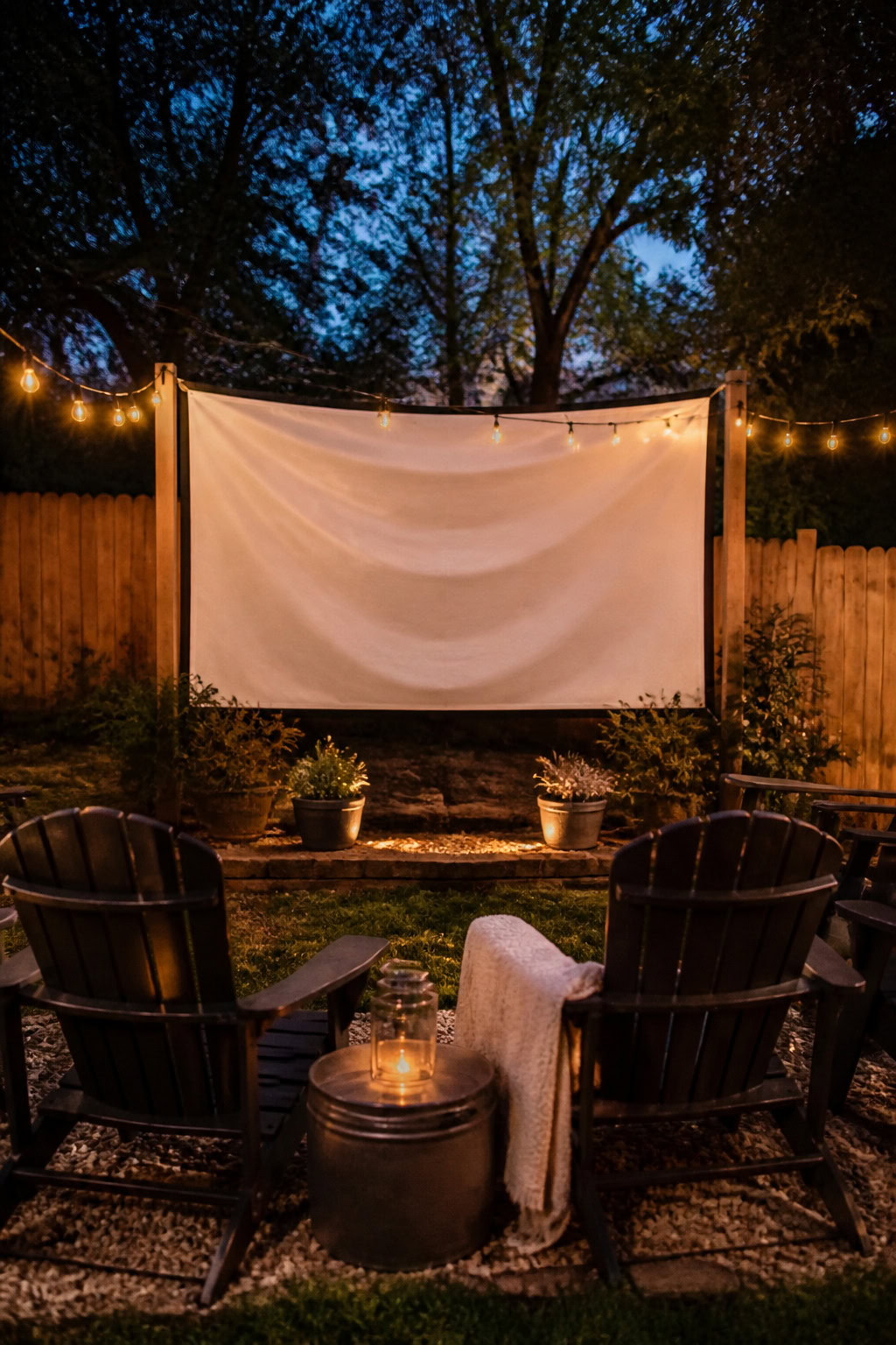 Outdoor movie screen setup in a cozy backyard at blue hour