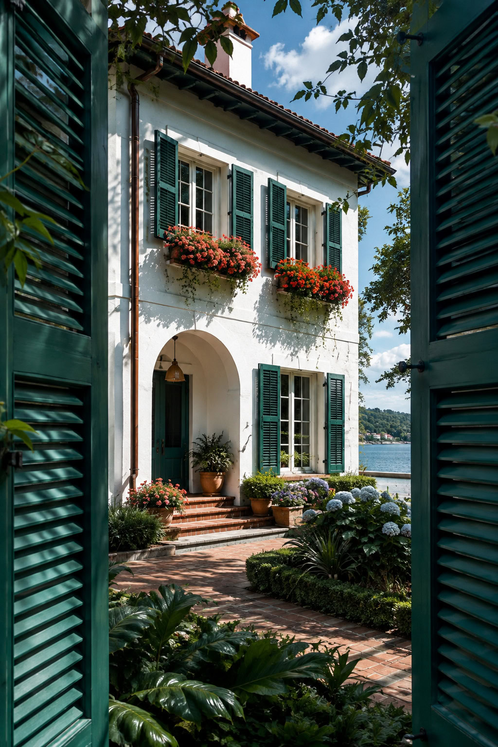 Colorful artistic shutters on a sunny house exterior