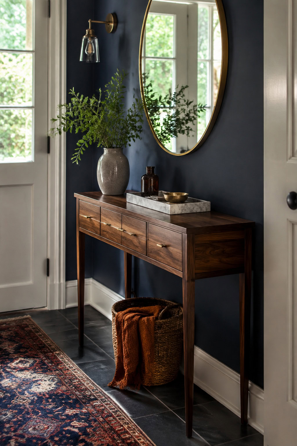 Narrow walnut console with multiple drawers