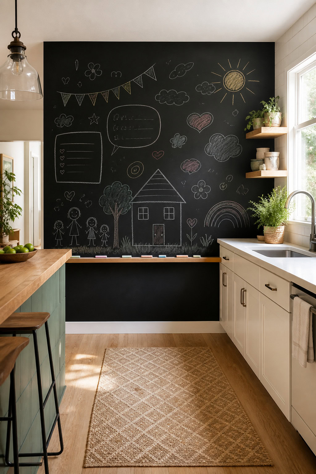 Interactive chalkboard wall in a family kitchen