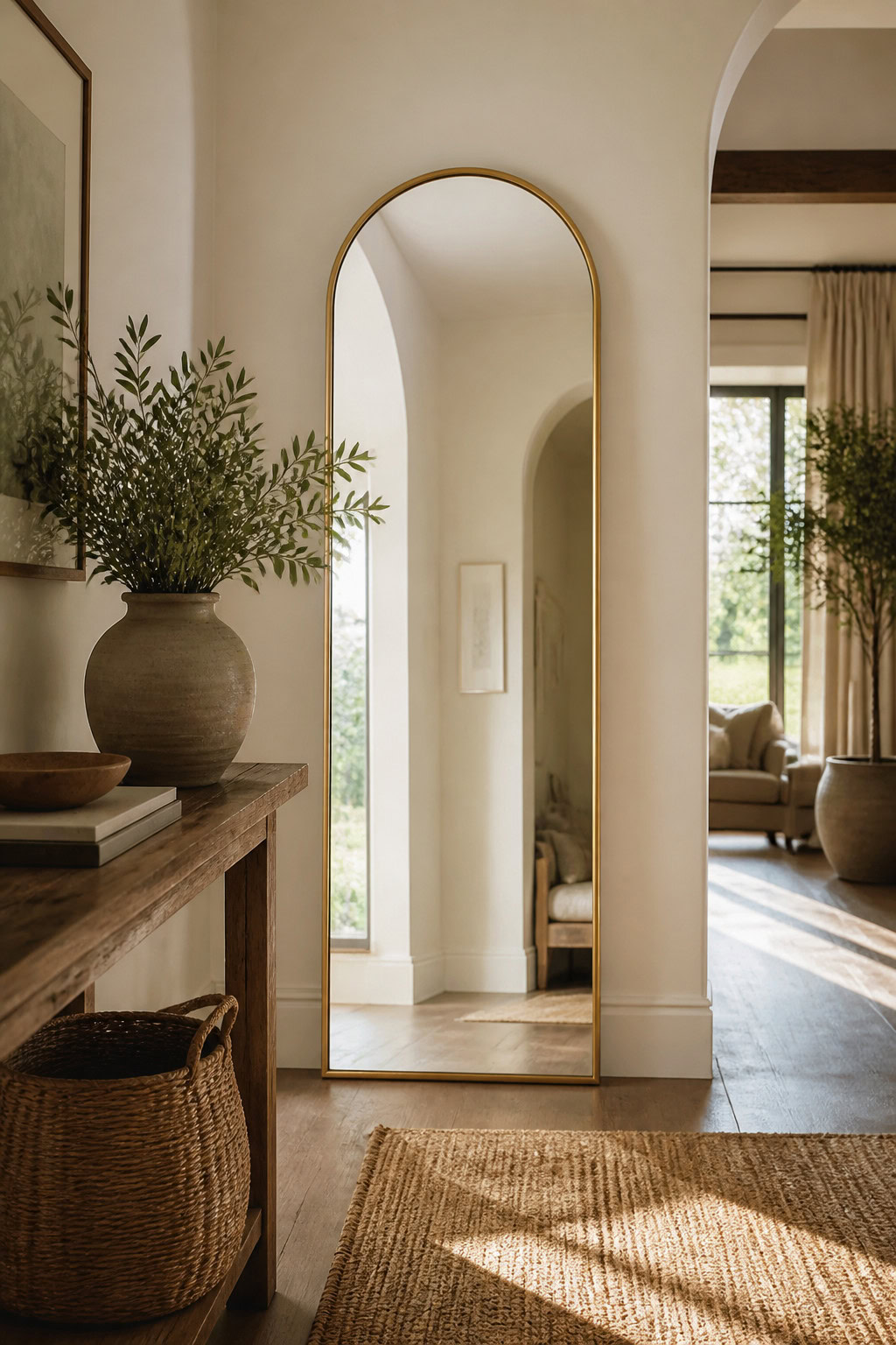 Decorative arched mirror in a spacious entry hall