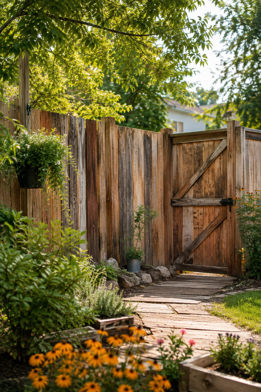 Rustic reclaimed wood garden fencing around a backyard