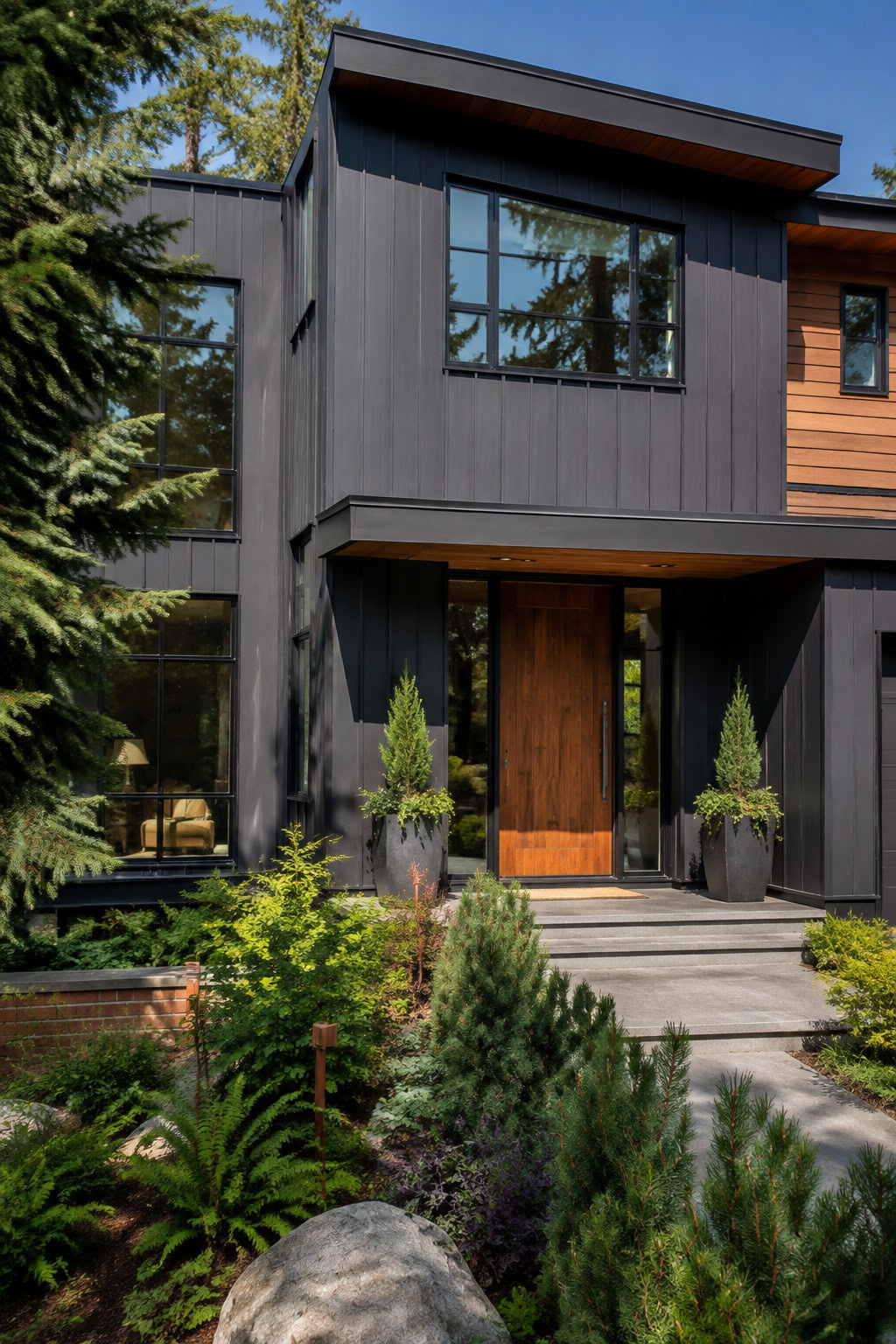 Modern house with bold dark metal siding panels
