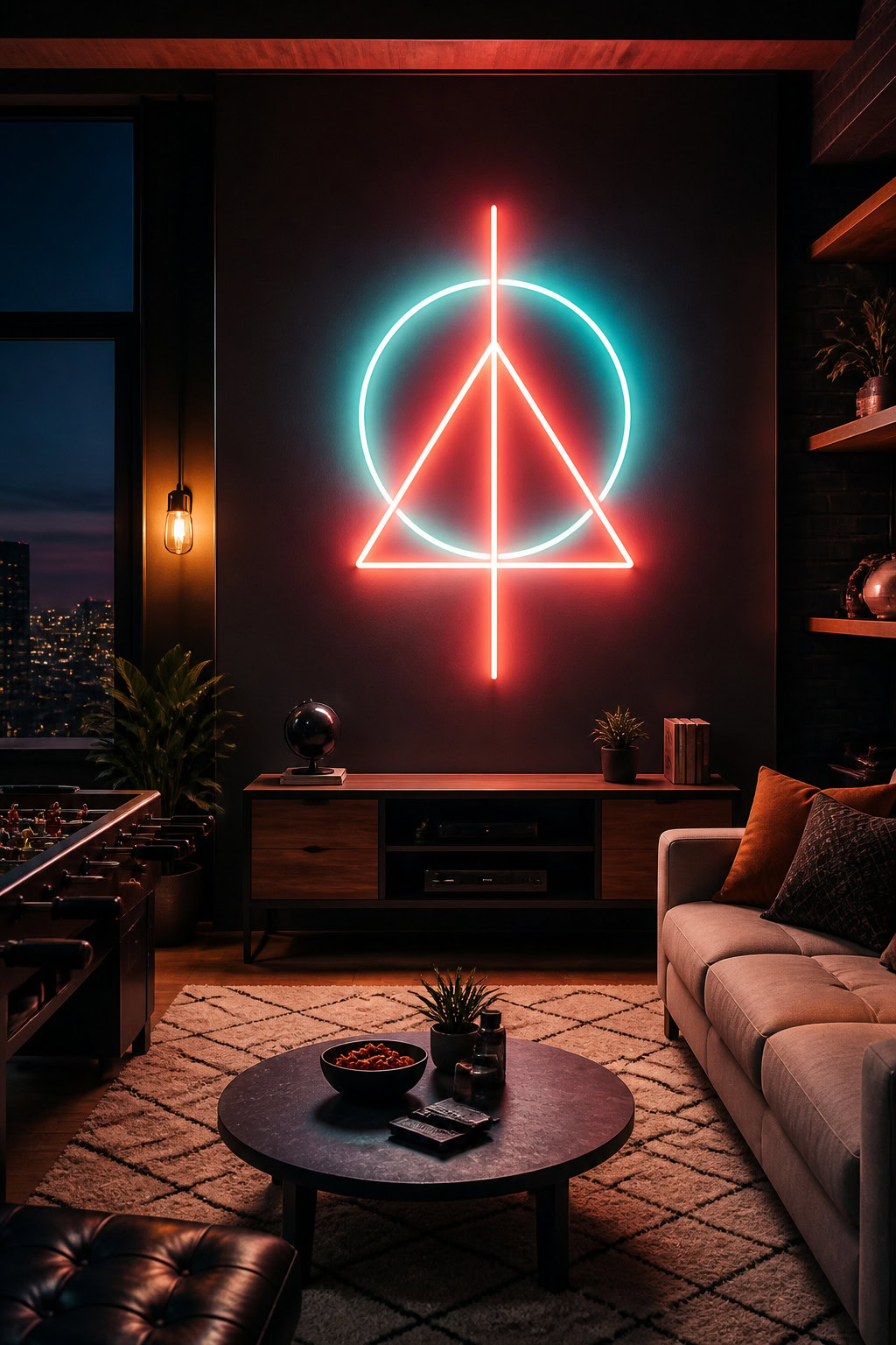 Illuminated neon wall sign in a modern lounge