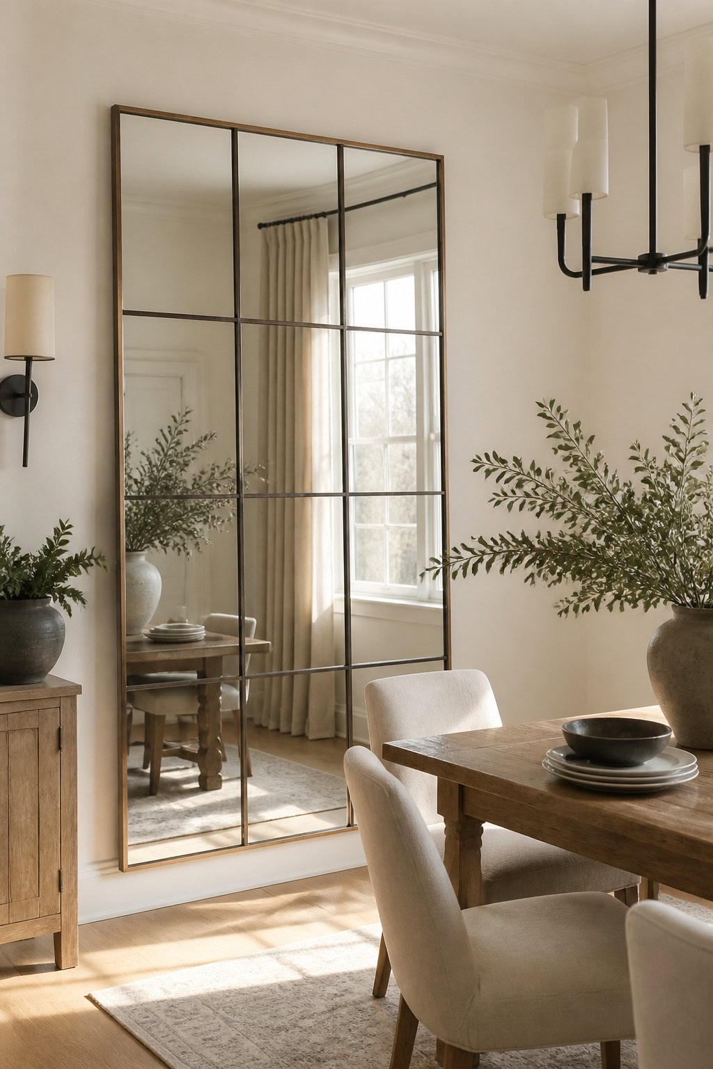 Windowpane style mirror reflecting natural light