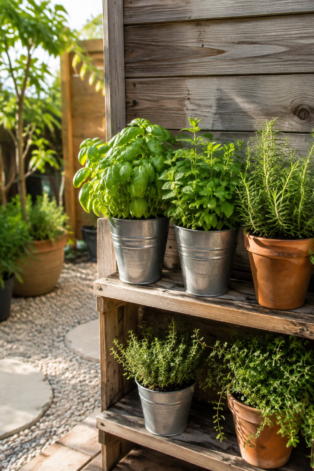 Compact mini herb garden in repurposed pots