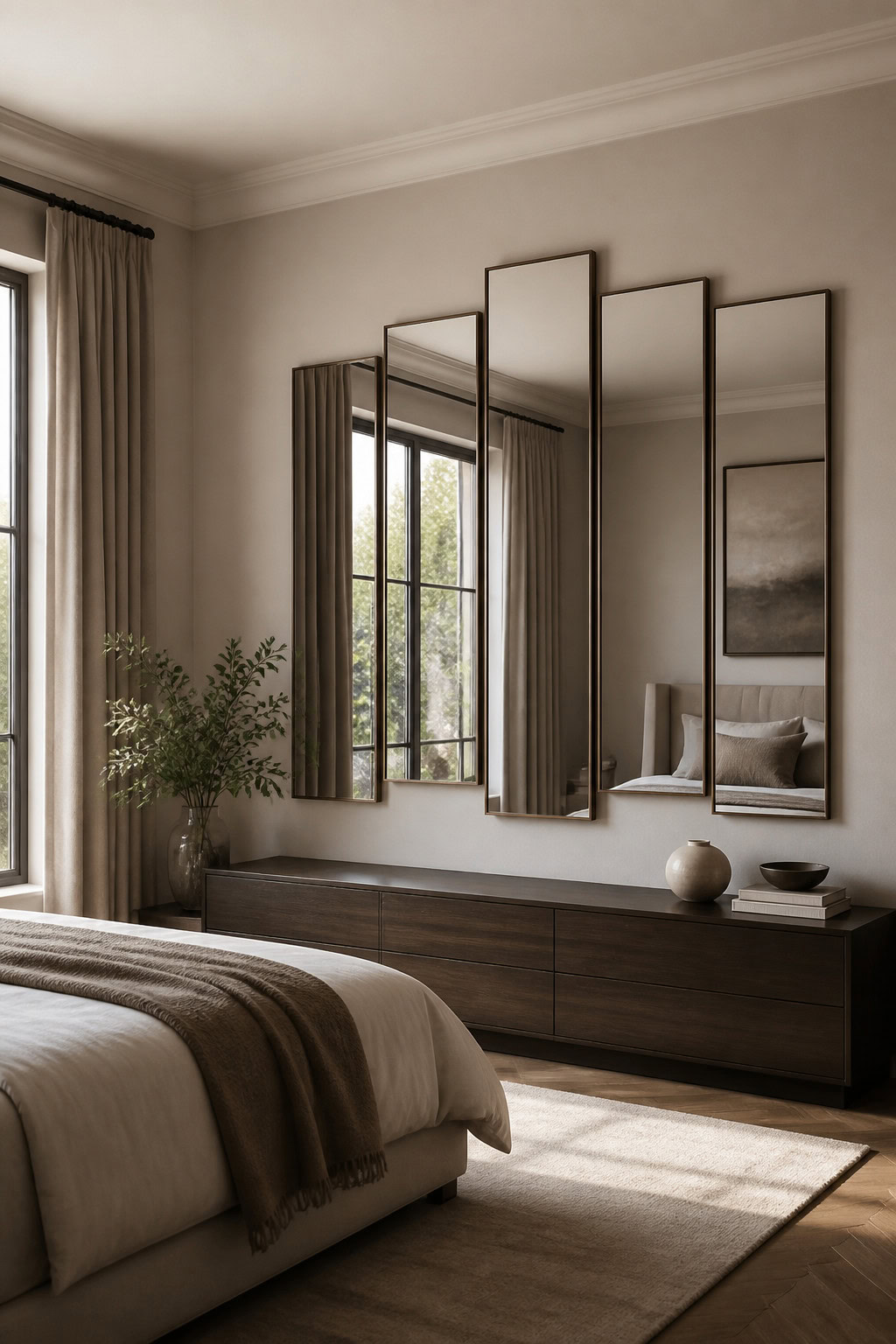 Multi-panel wall mirror installation in a modern bedroom