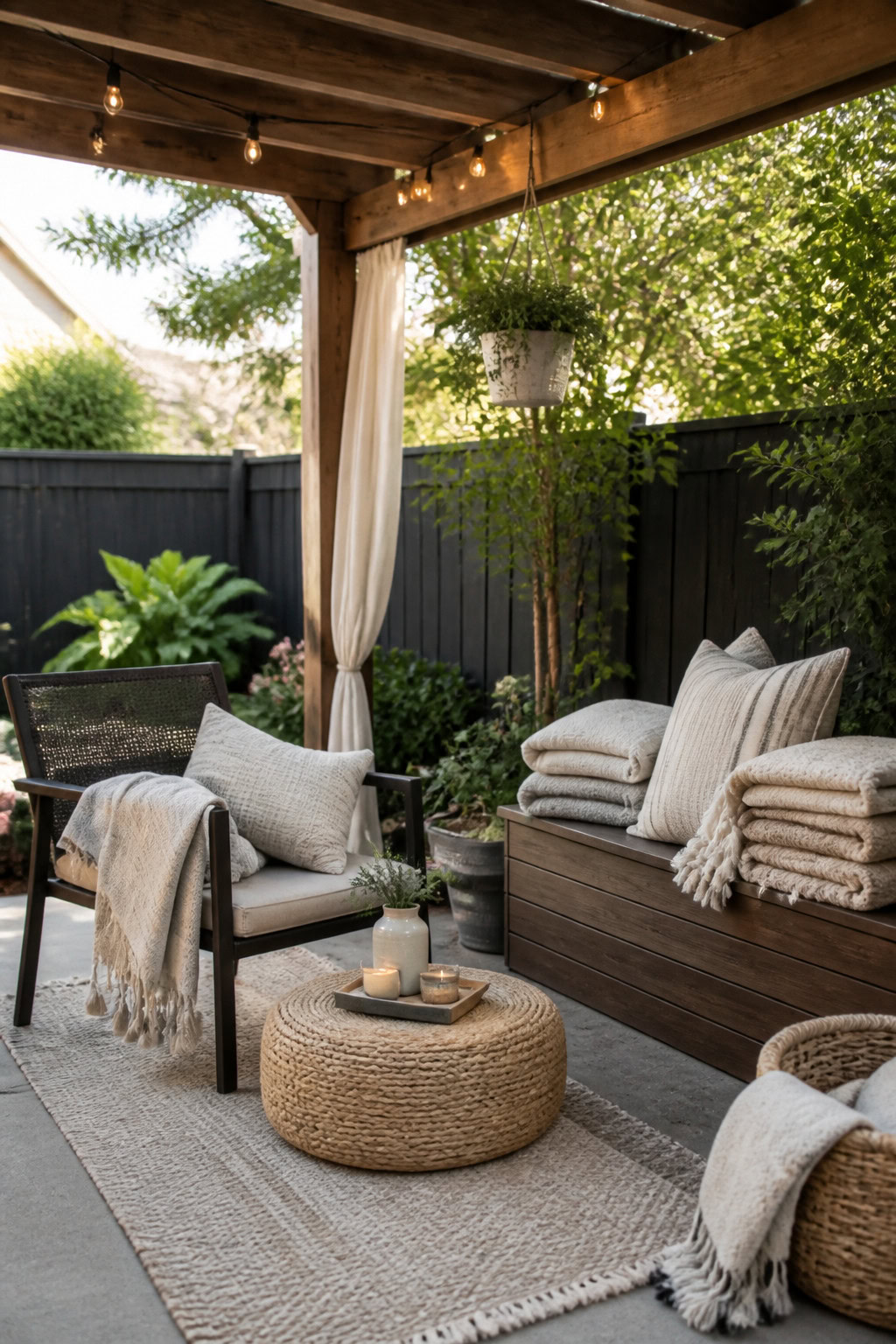 Cozy outdoor blanket corner with seating under a pergola