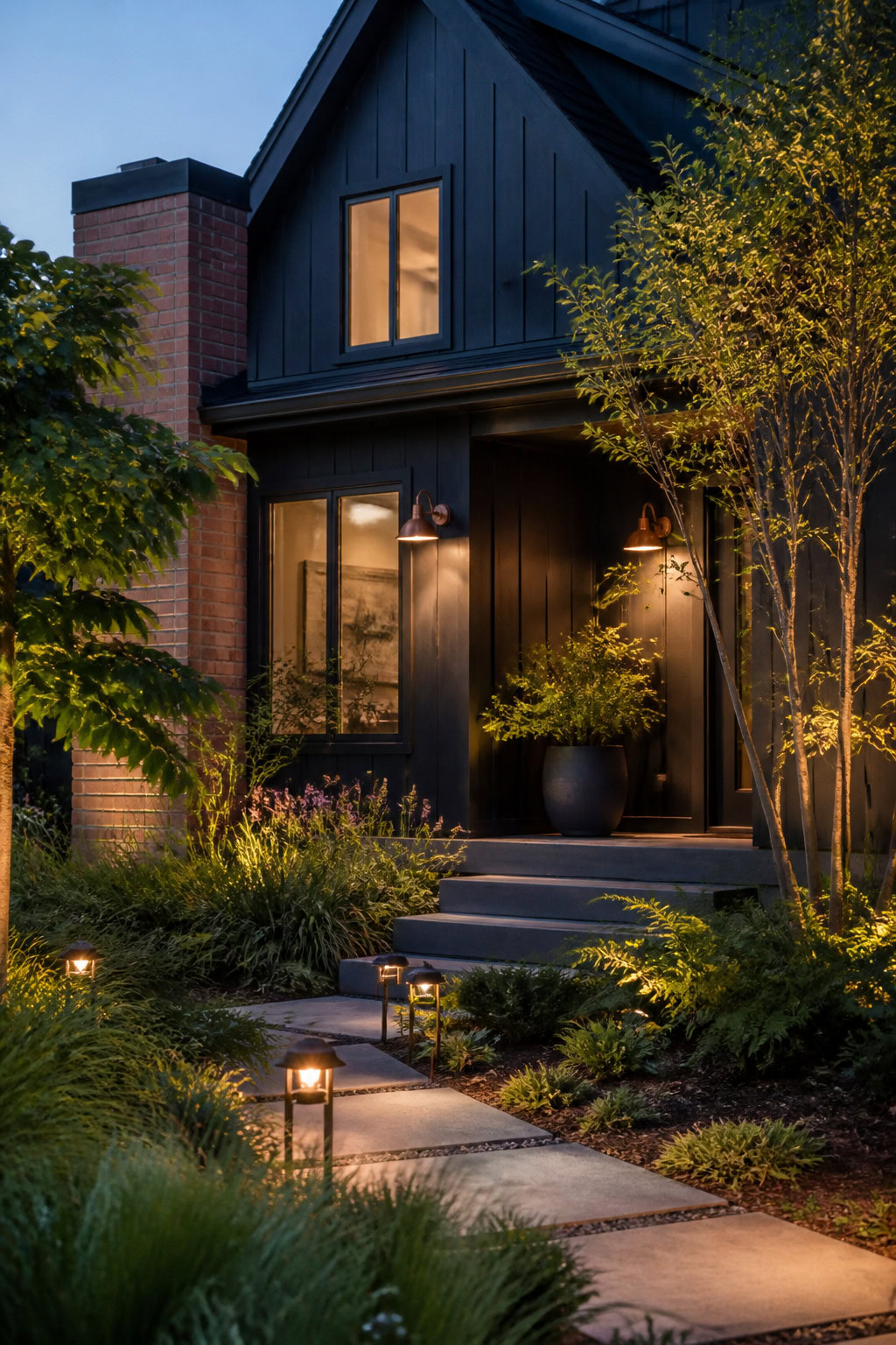 Modern home exterior highlighted by innovative outdoor lighting