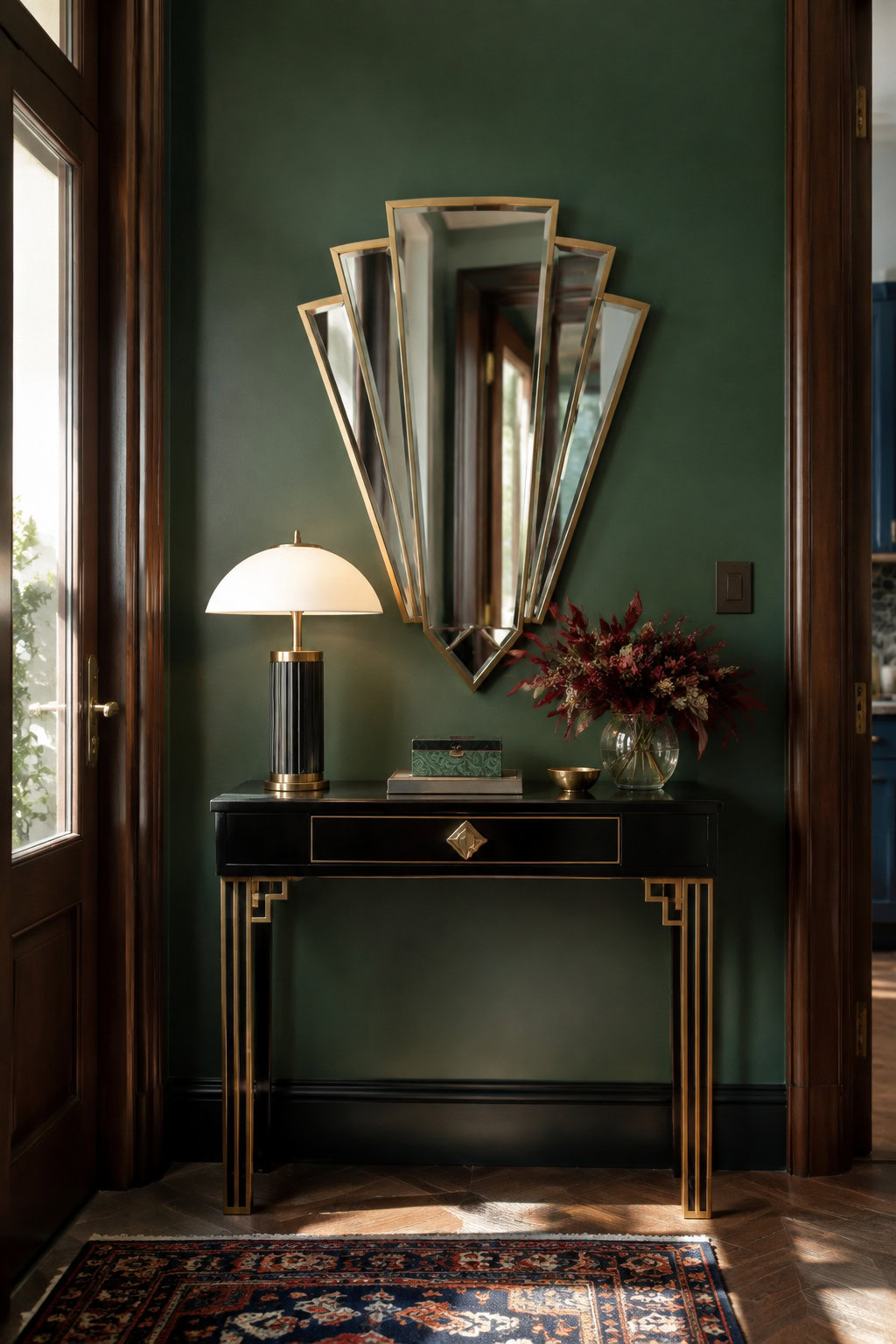 Art Deco narrow console with black lacquer and brass details