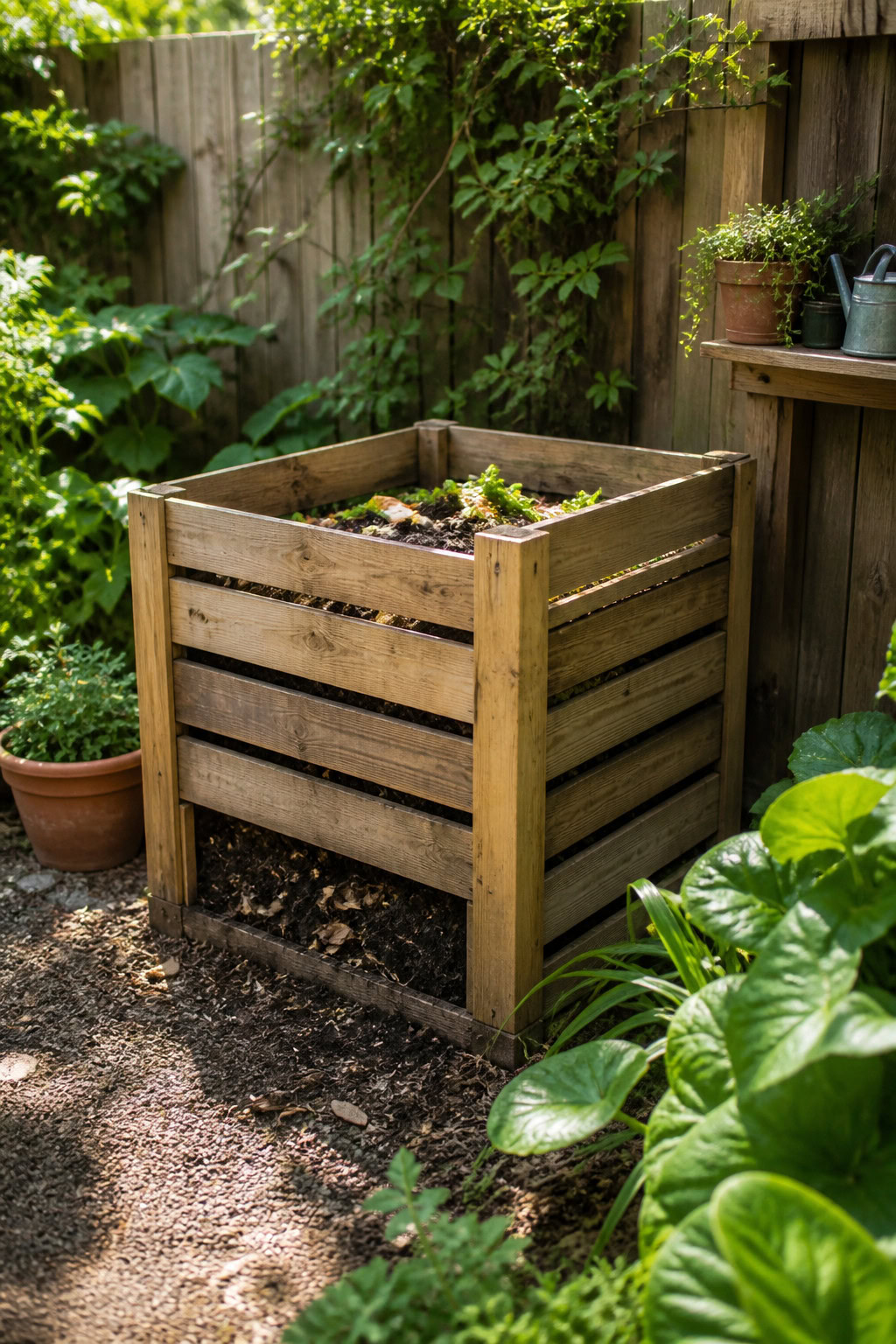 DIY reclaimed wood compost bin in a backyard garden