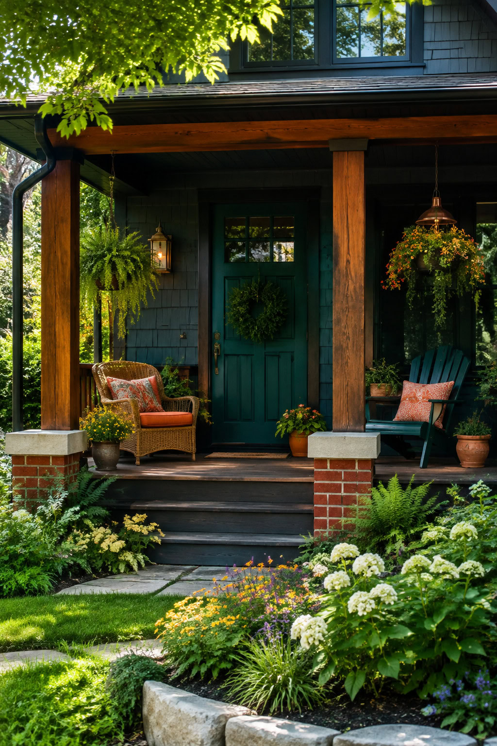 Welcoming front porch with a deep teal door and timber posts