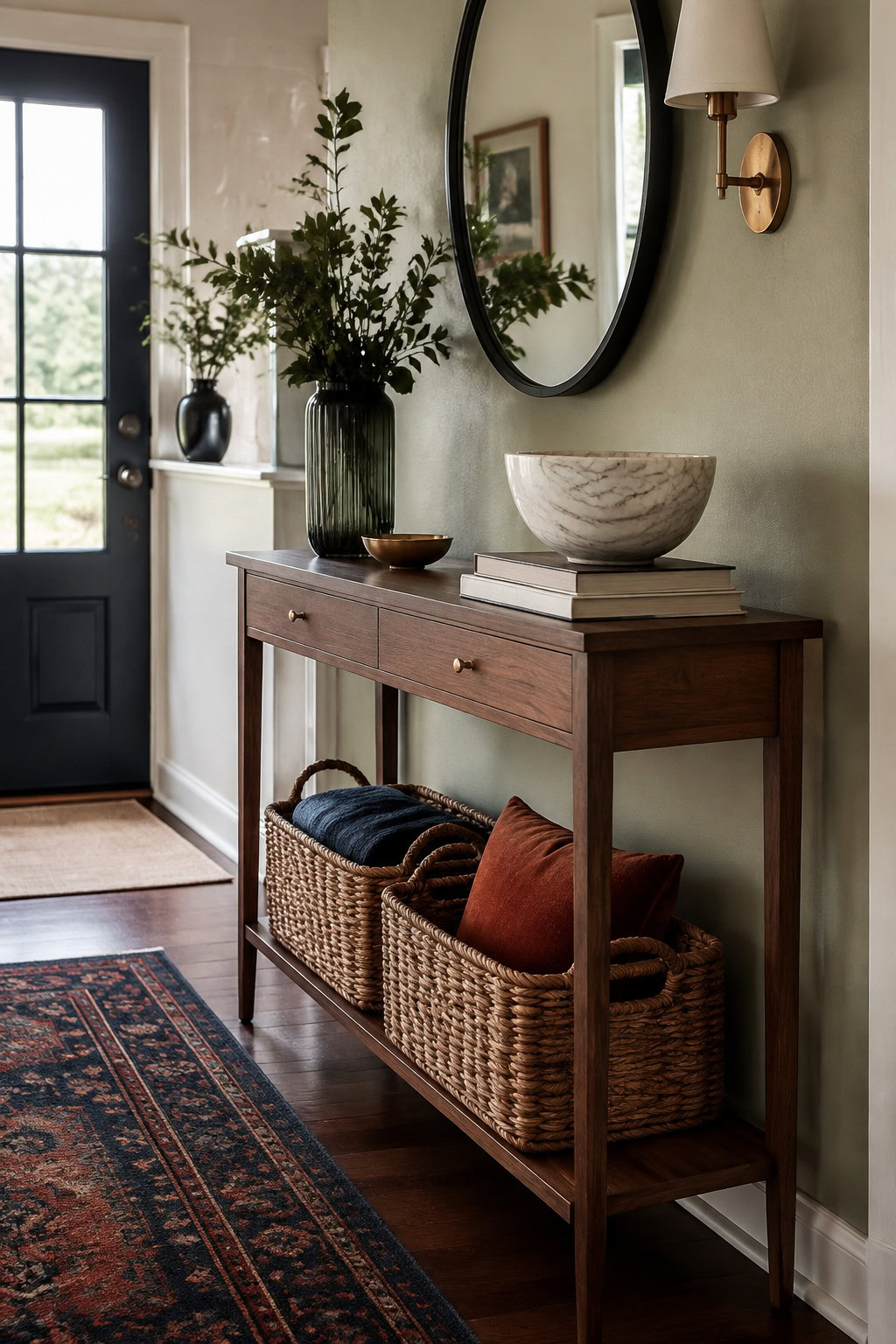 Narrow console with woven storage baskets