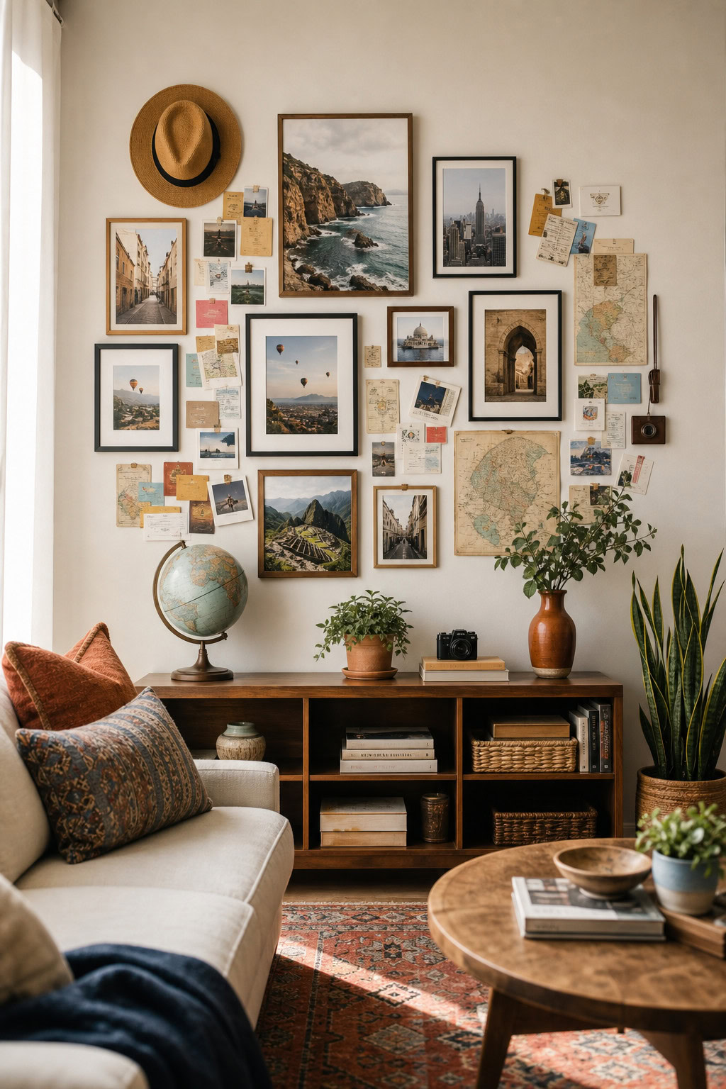 Travel-themed collage wall with maps and photographs