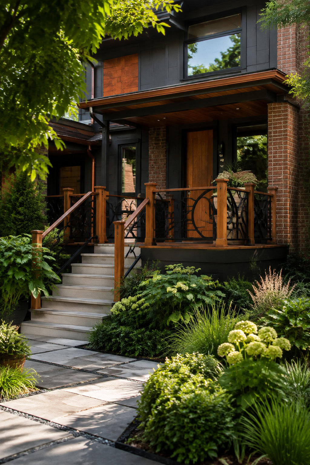 Unique sculptural metal and timber porch railing