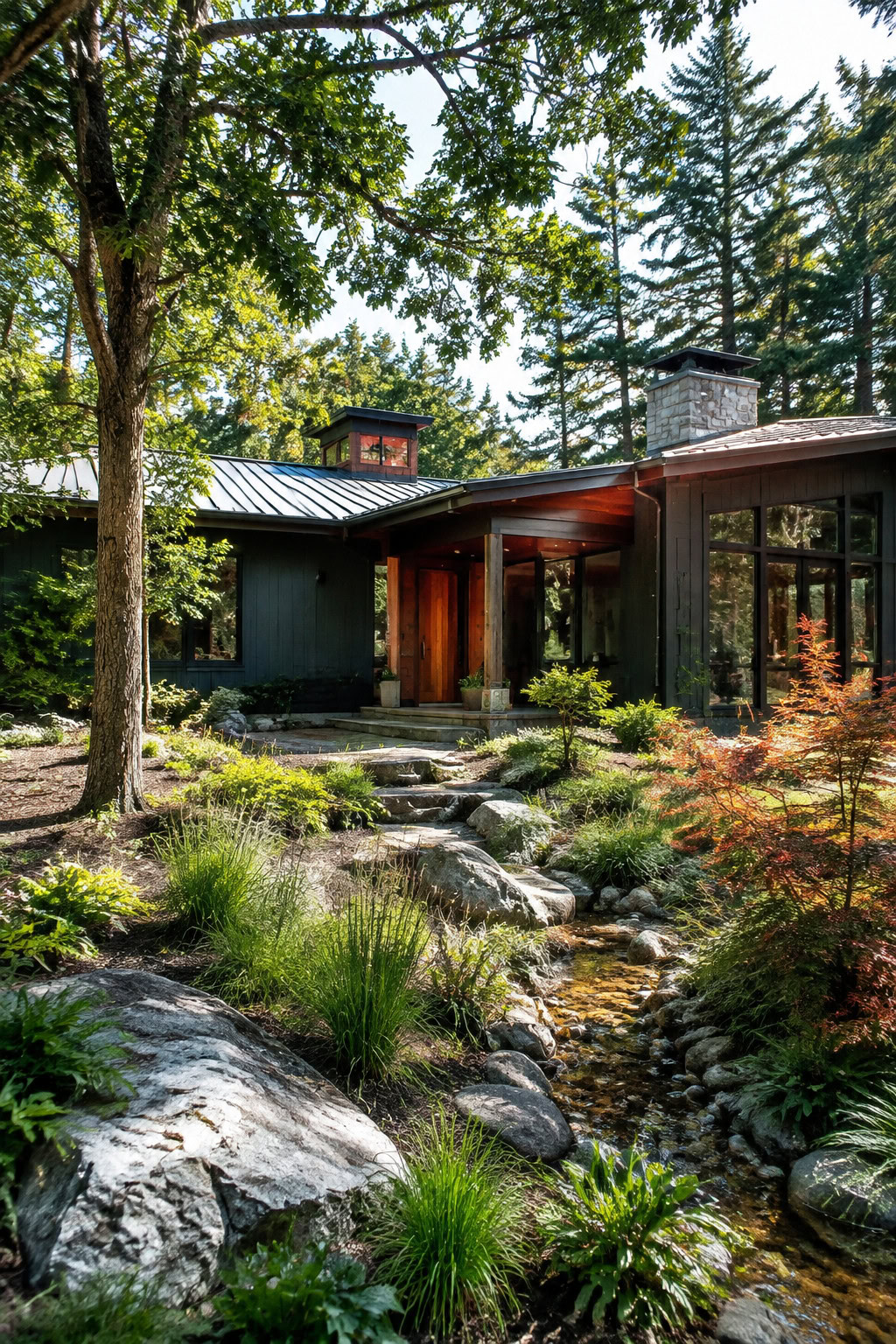 Modern house integrated with native landscaping and a rain garden