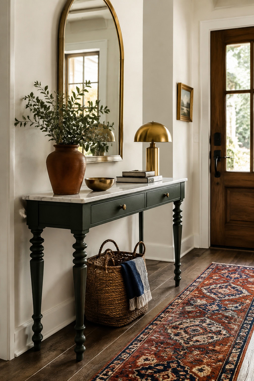 Narrow console table with decorative turned legs