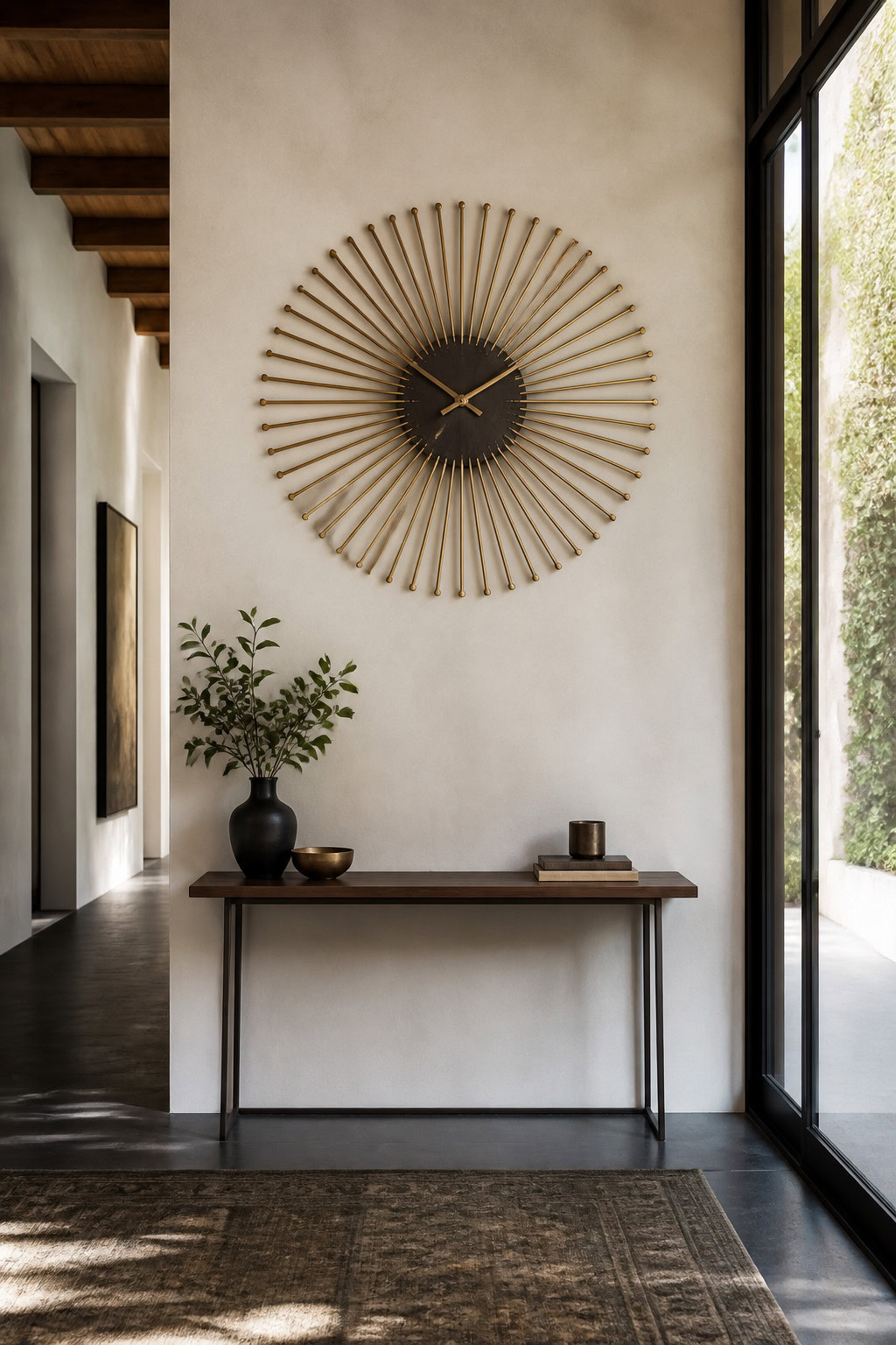 Artistic sculptural wall clock in a modern hallway