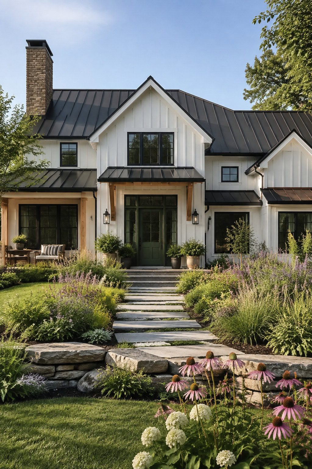 Contemporary modern farmhouse exterior with white siding