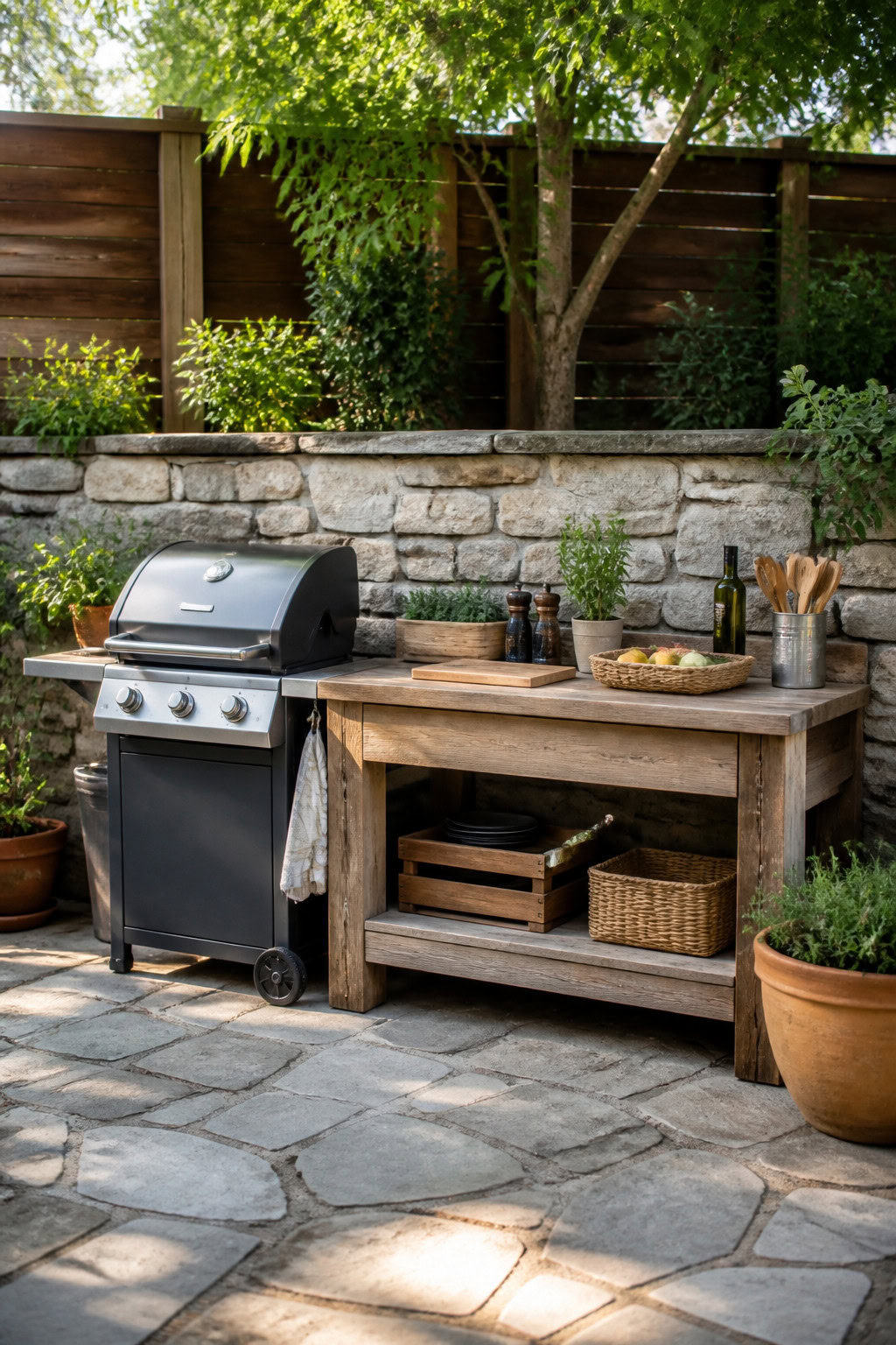 Simple budget BBQ station with a reclaimed wood counter
