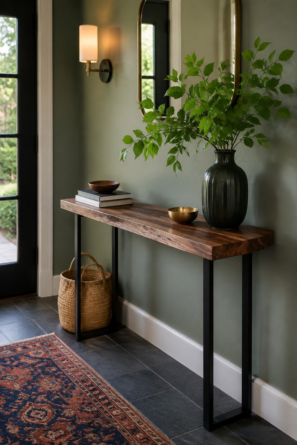 Nature-inspired narrow console highlighting walnut wood grain