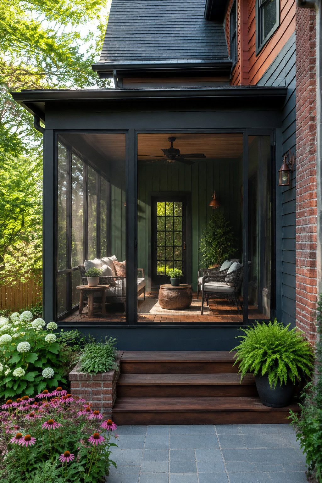 Screened-in porch with timber decking and outdoor seating