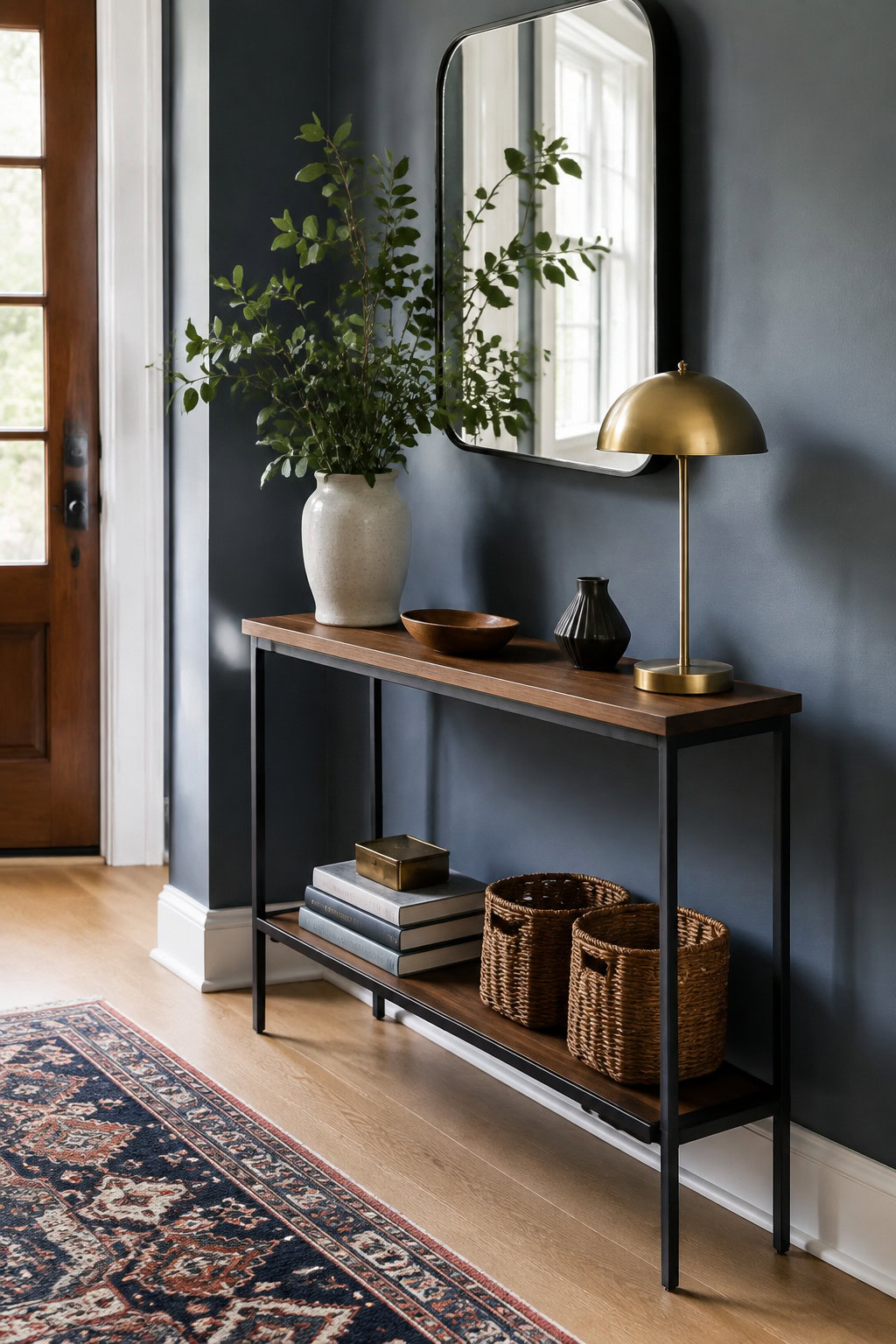 Open-shelf narrow console with black frame and walnut shelves