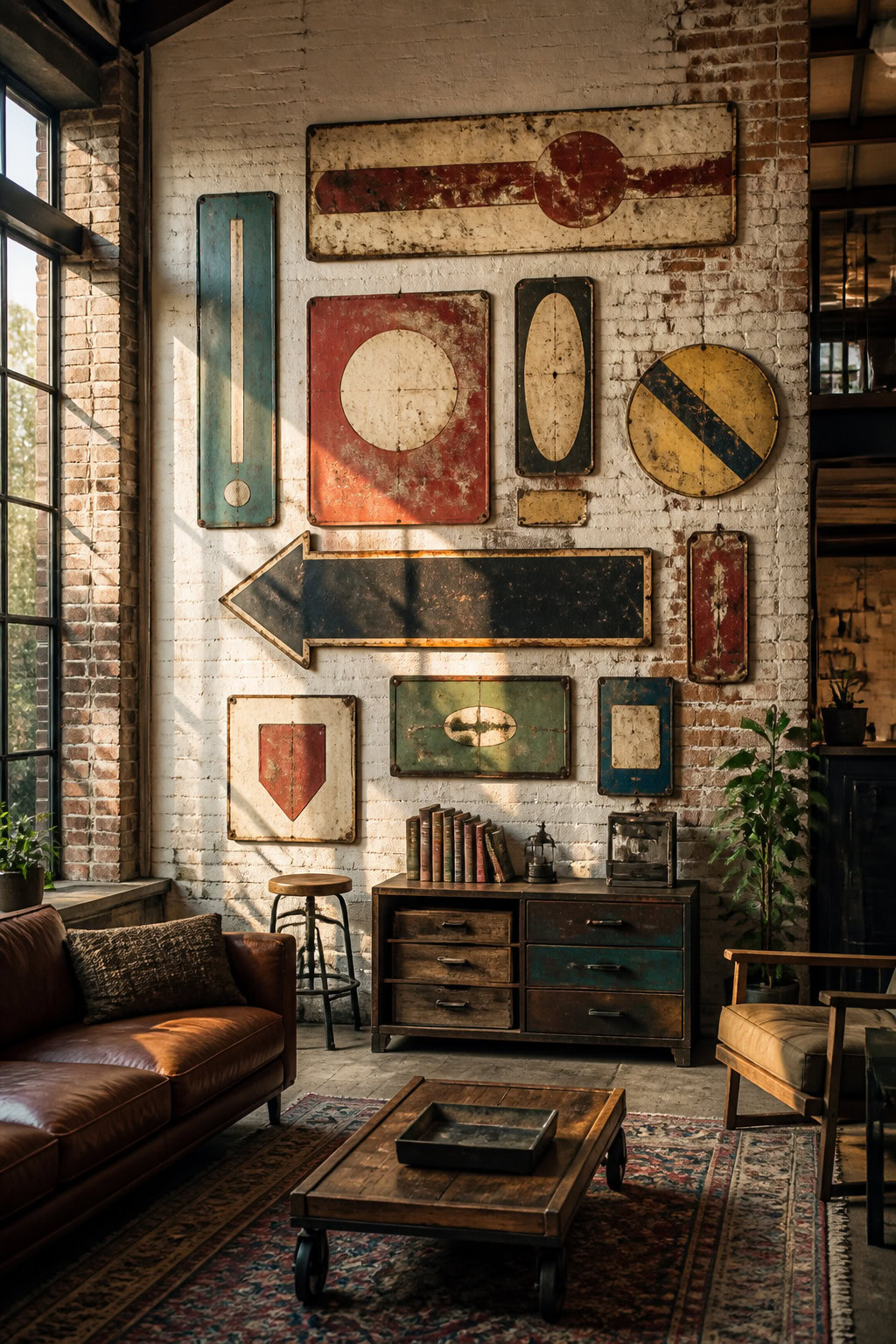 Vintage signage wall display in an eclectic loft