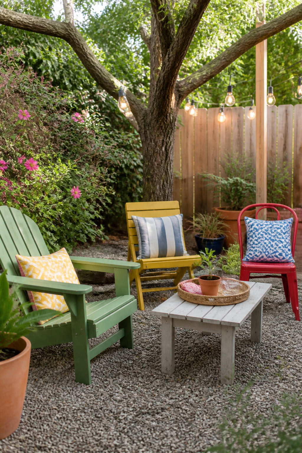 Refreshed upcycled outdoor furniture in a backyard seating area