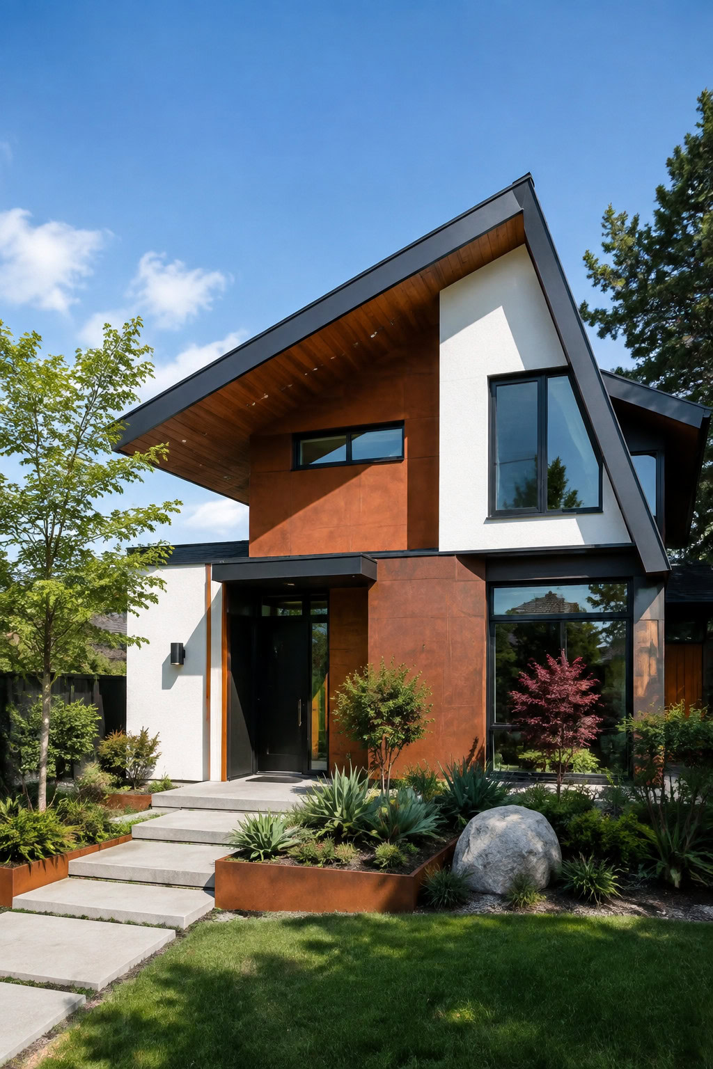 Modern house with a dramatic asymmetrical charcoal roof