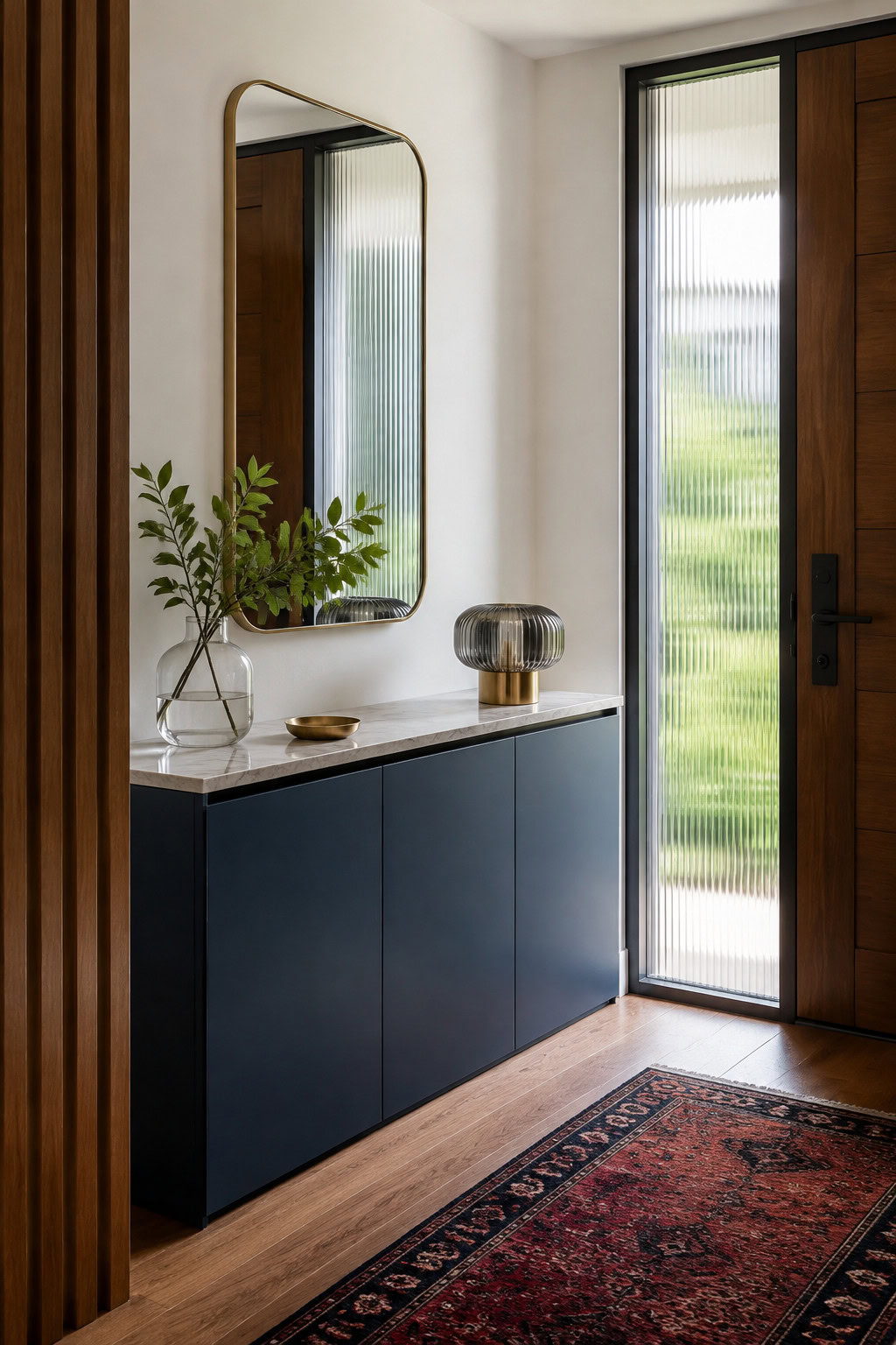 Narrow console with concealed storage in a small entryway