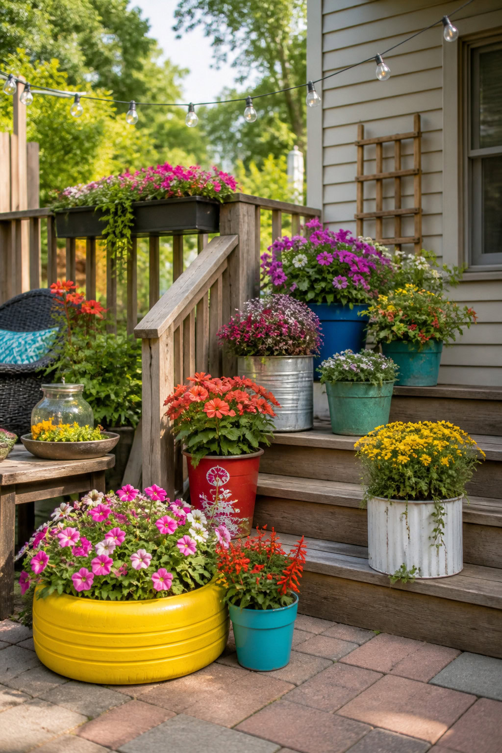 Colorful upcycled flower pots arranged on backyard steps