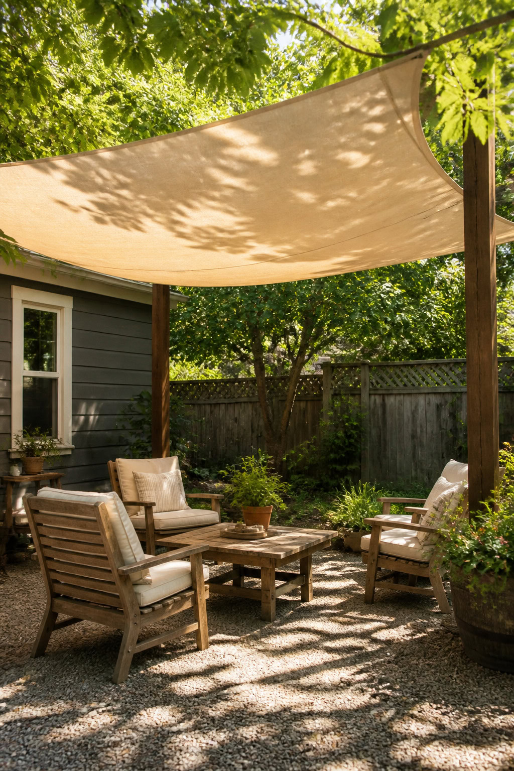 DIY canvas sun shade over a backyard seating area