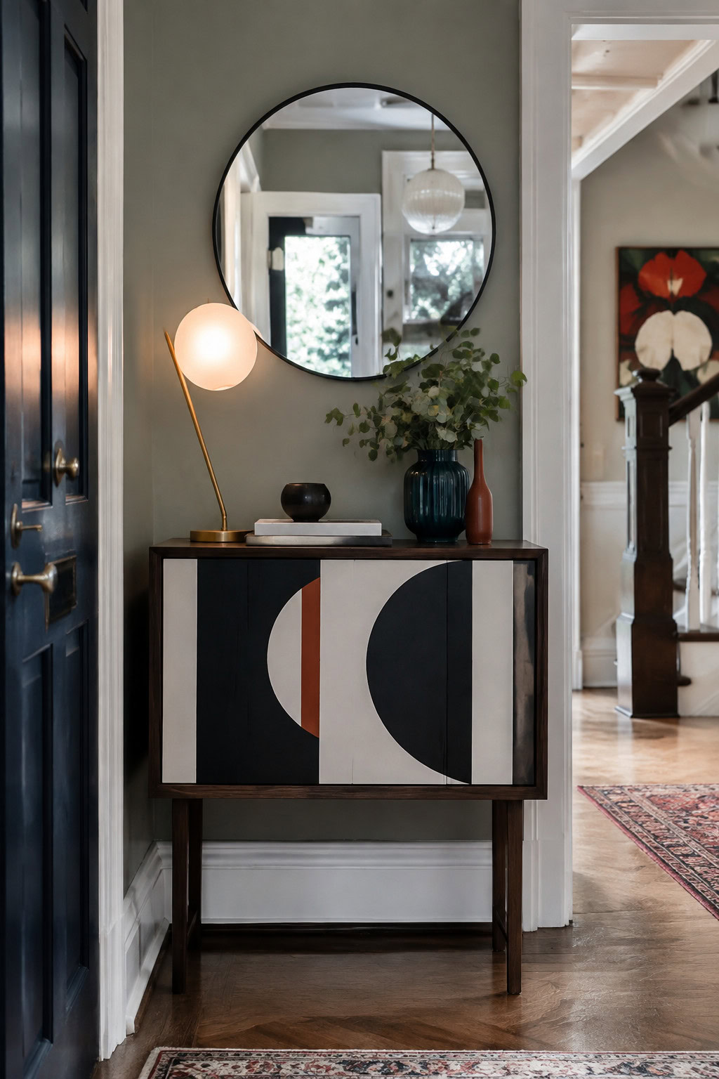 Narrow console featuring bold geometric cabinet patterns