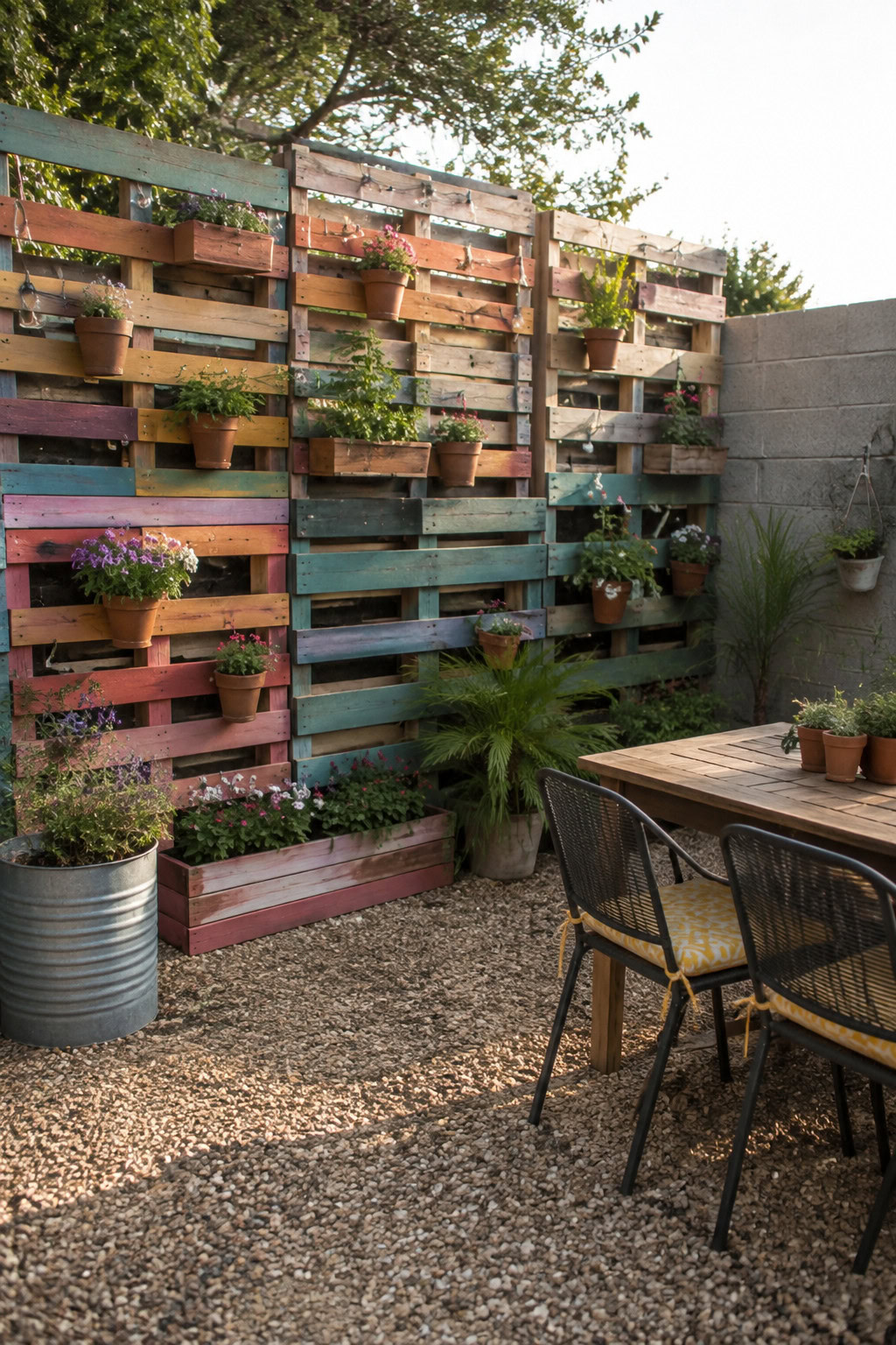Painted wooden pallets reused as a backyard planter display
