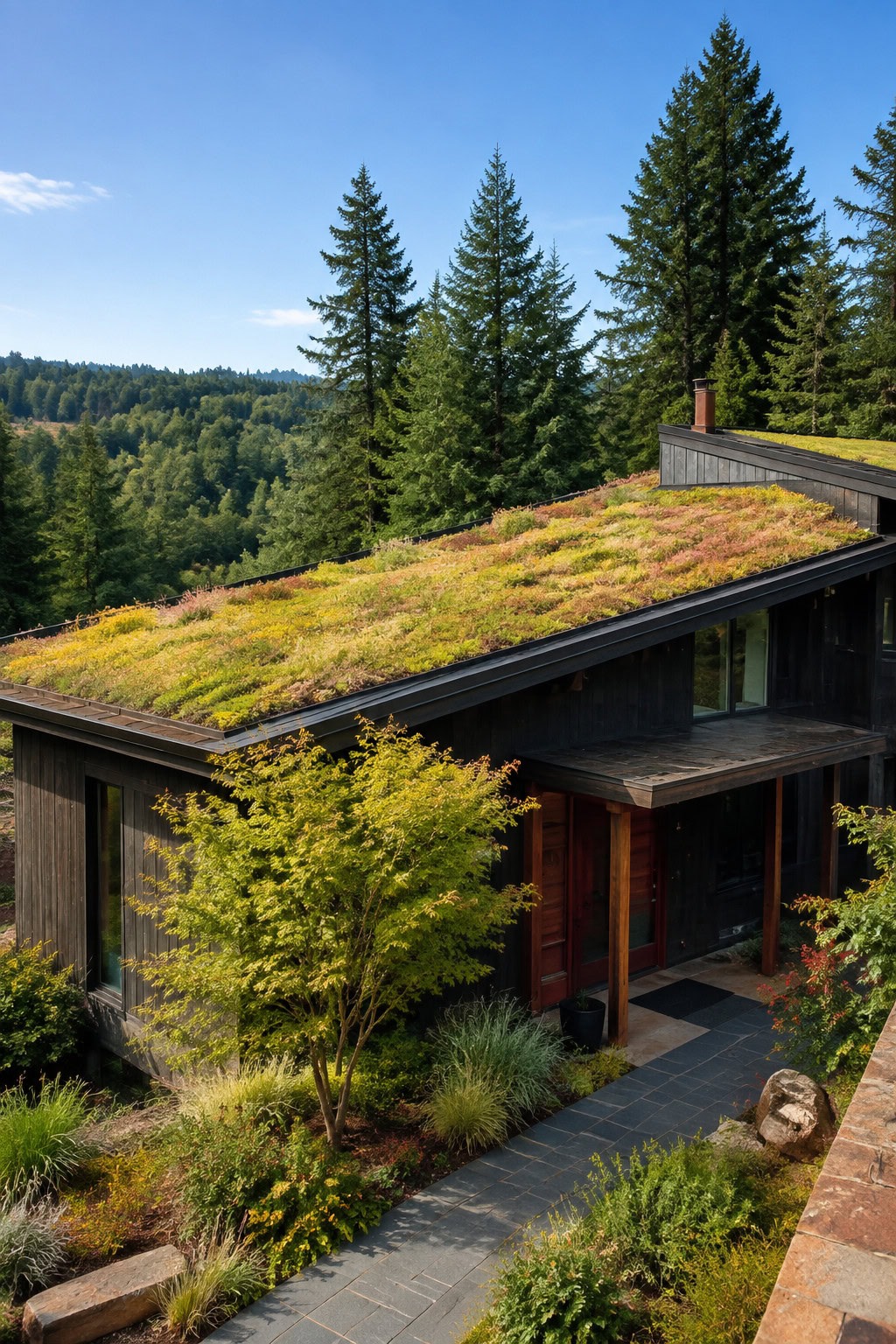 Residential green roof covered with meadow plants