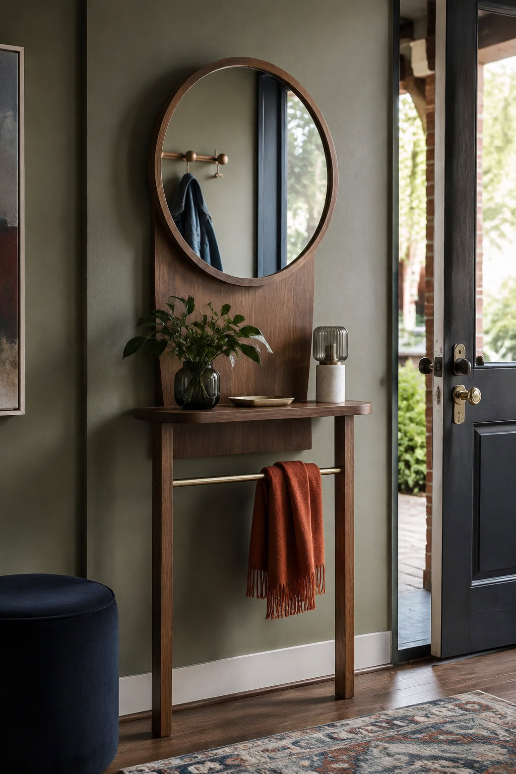 Narrow console with an attached round mirror