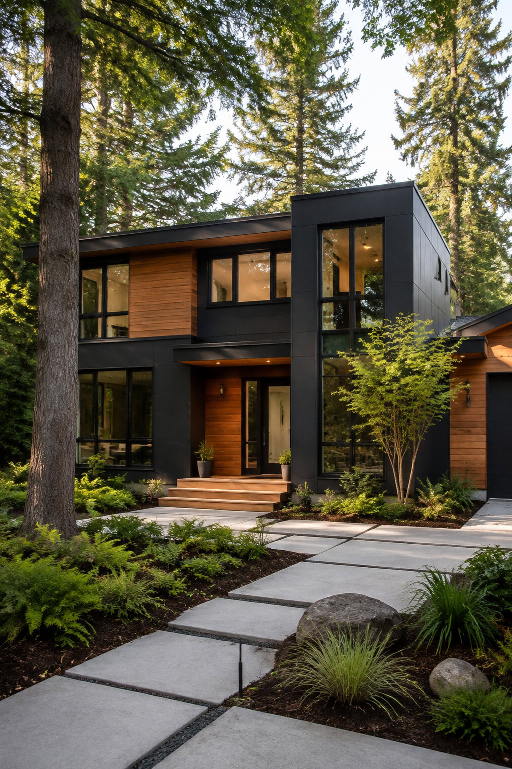 Contemporary prefabricated home with modular charcoal panels
