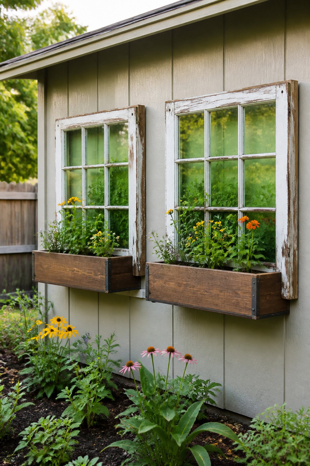 Repurposed window frames used as backyard window planters