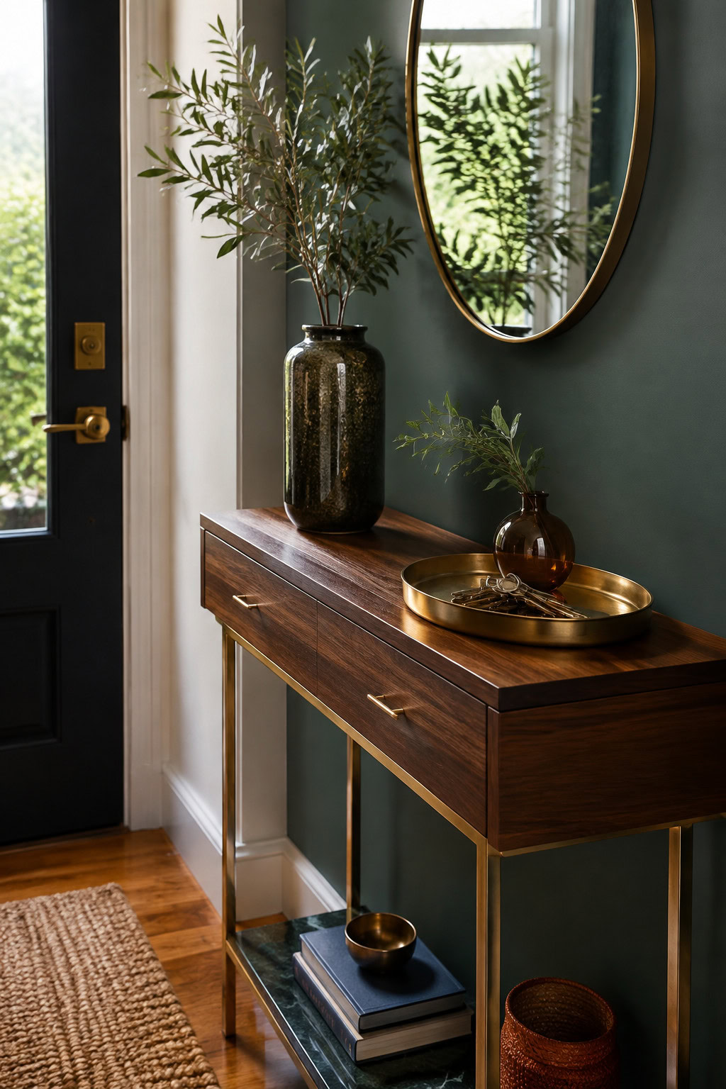Narrow console styled with decorative entryway trays
