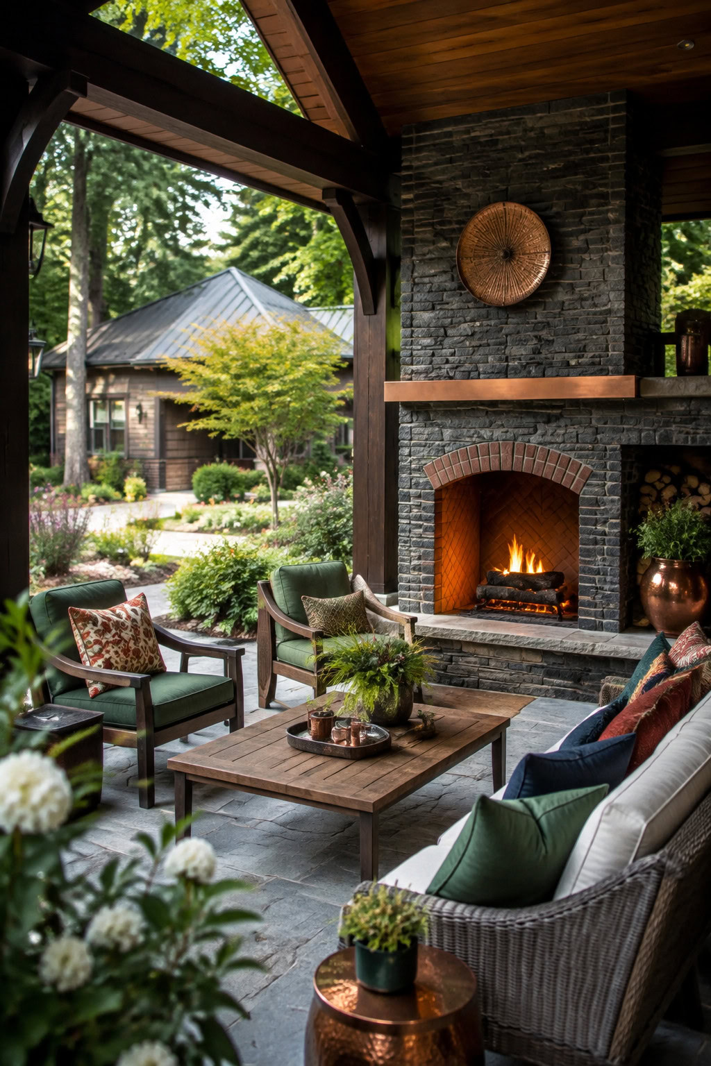 Outdoor fireplace built into a covered patio wall