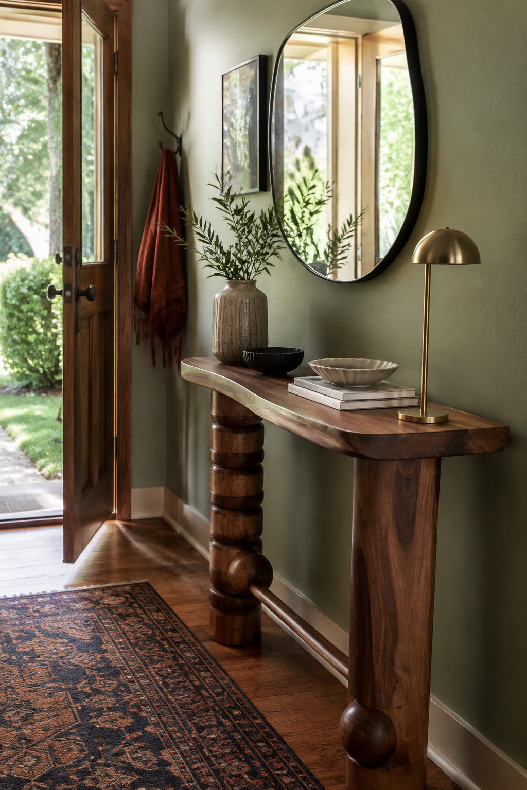 Handmade artisan narrow console with crafted wood details