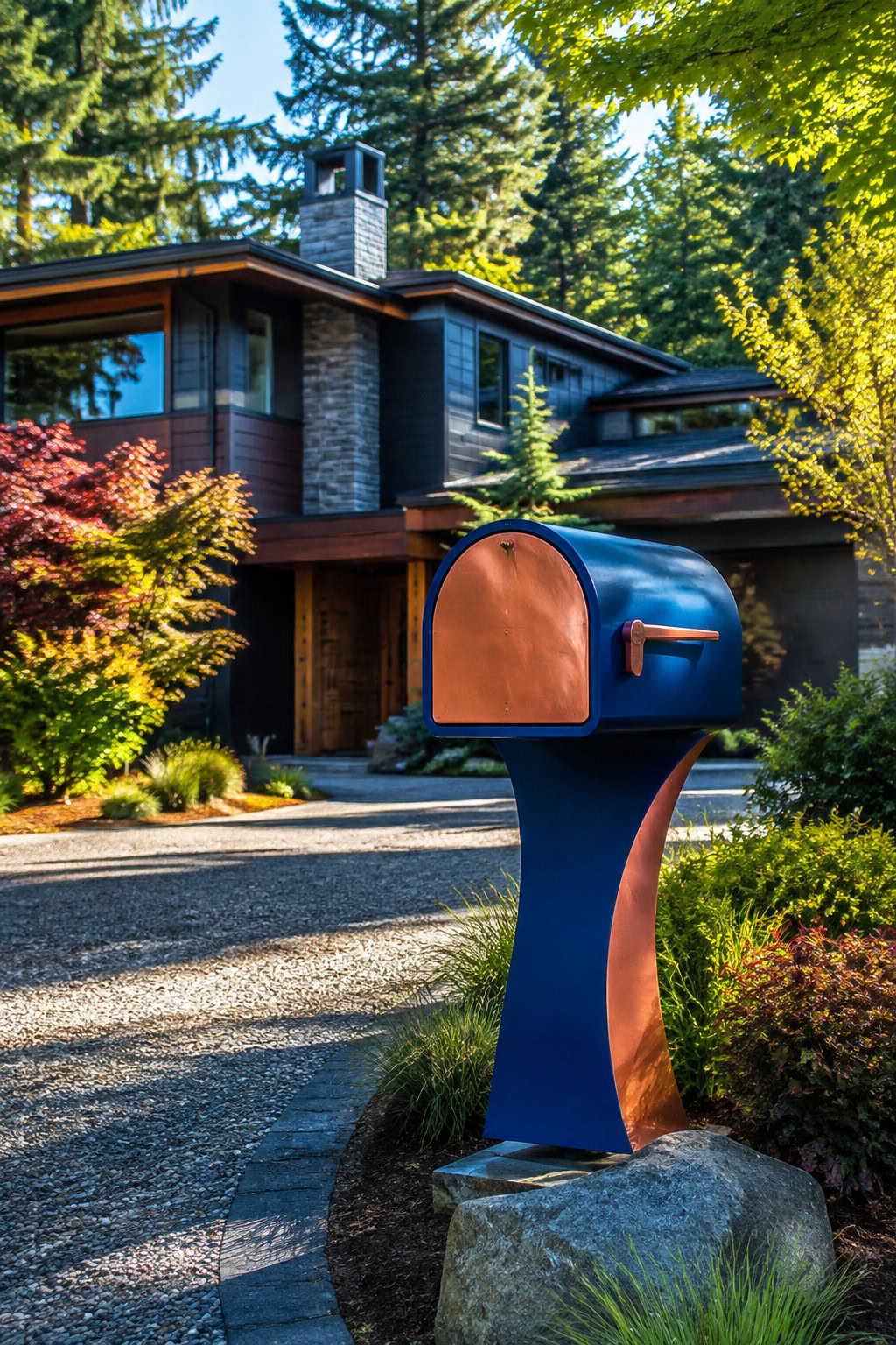 Artistic cobalt-blue and copper mailbox beside a landscaped driveway