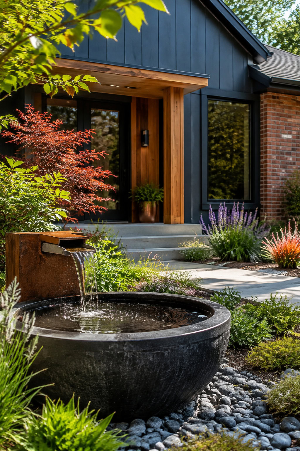 Elegant outdoor water feature in a modern front garden