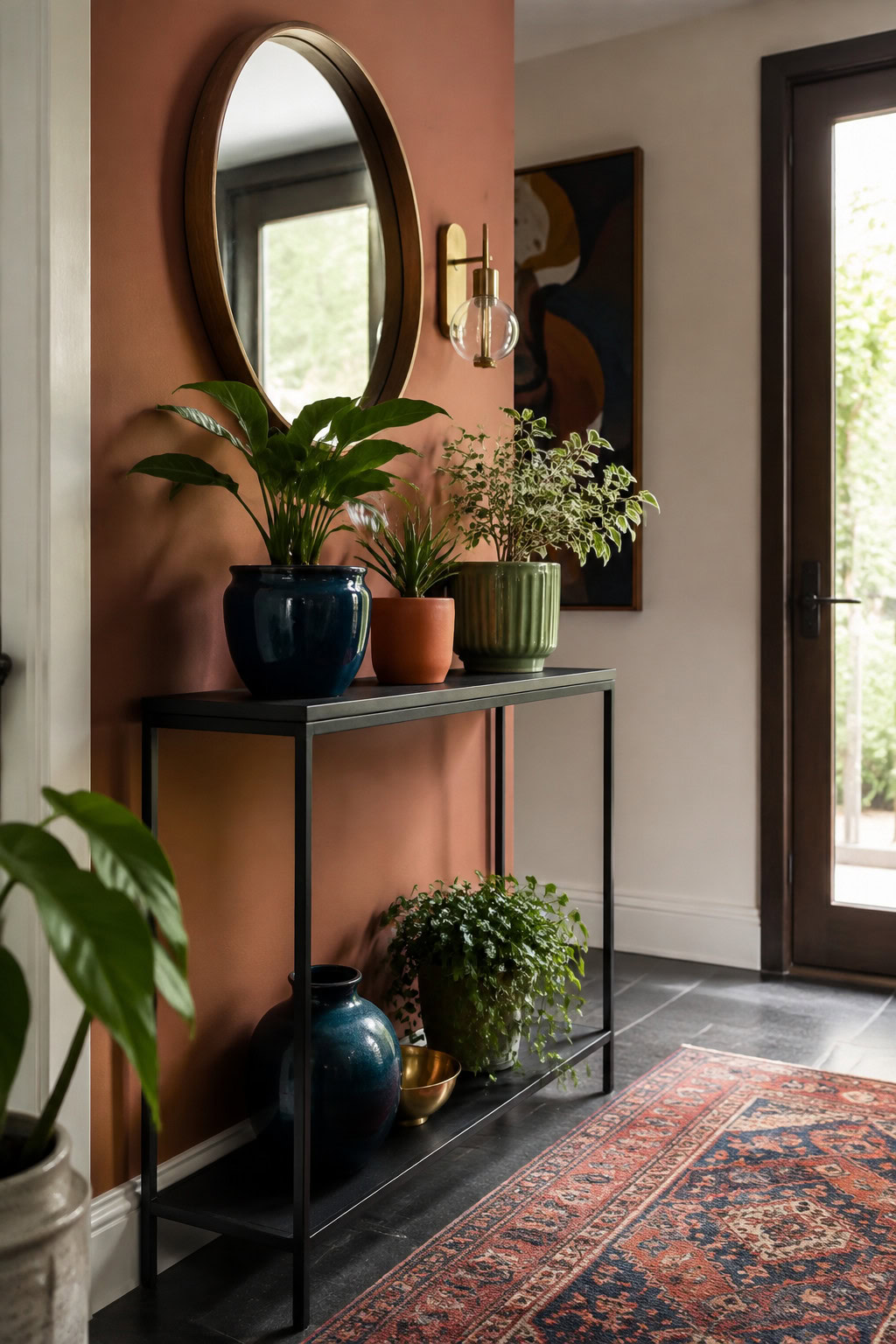 Narrow console decorated with leafy planters
