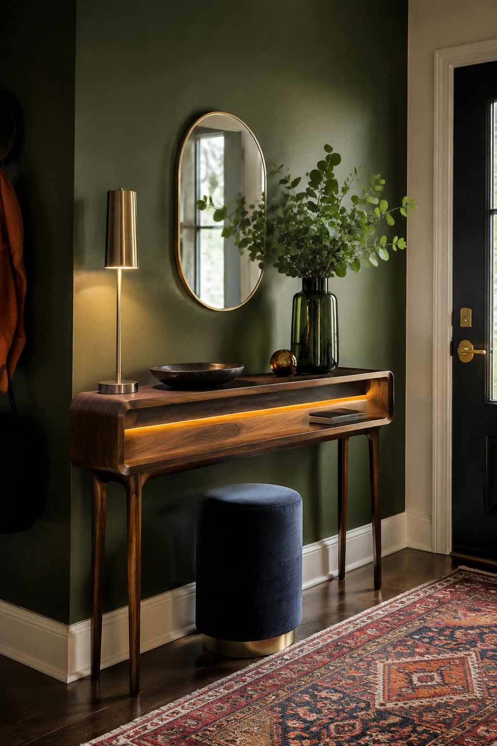 Narrow console table with an integrated brass lamp