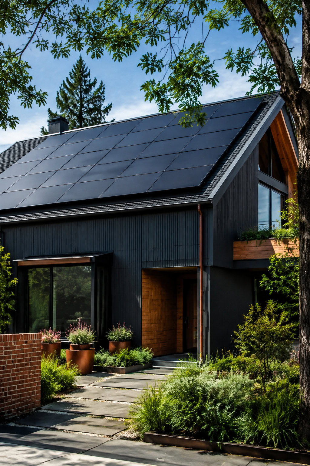Modern home roof fitted with sleek dark solar panels