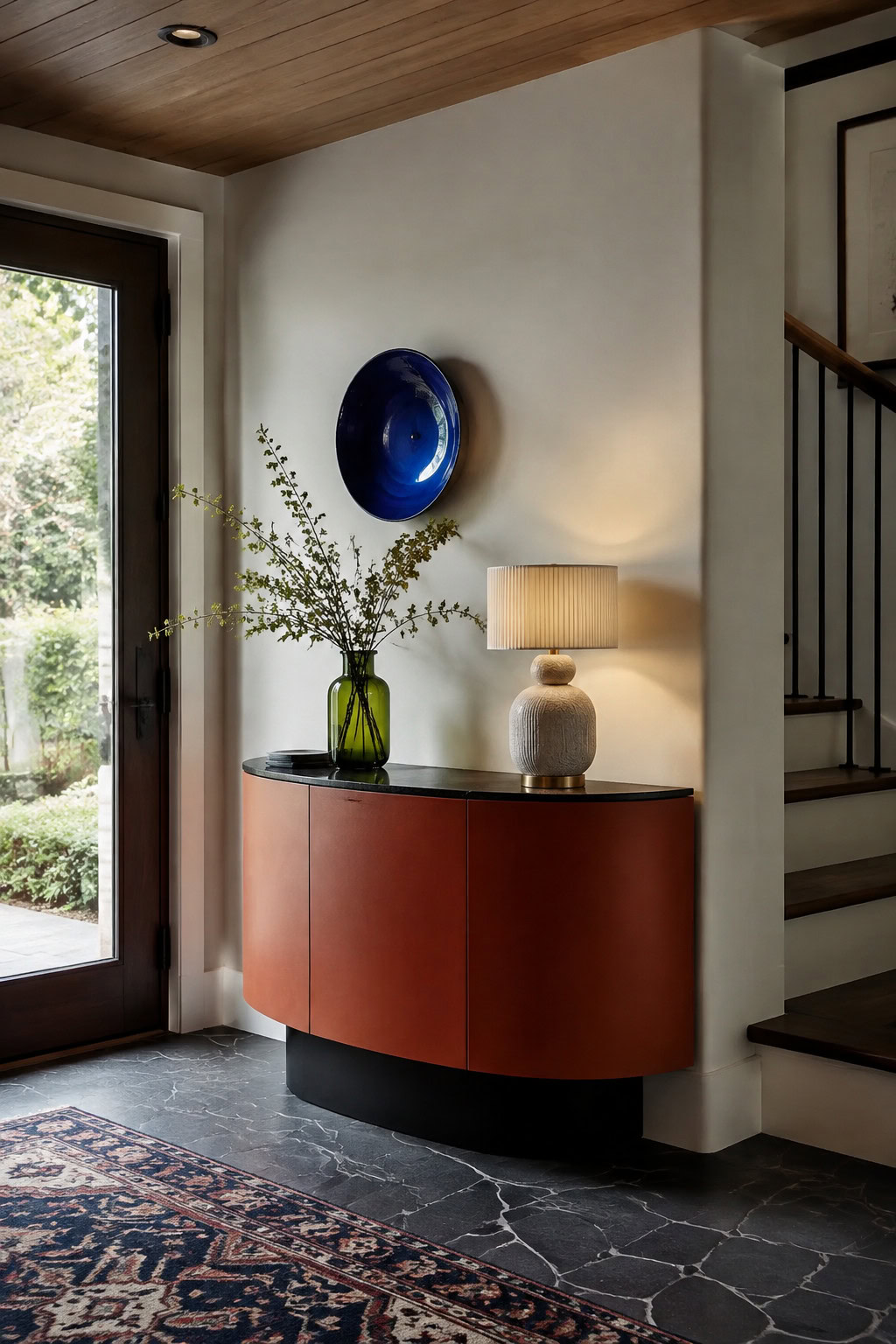 Narrow console with a unique organic curved shape