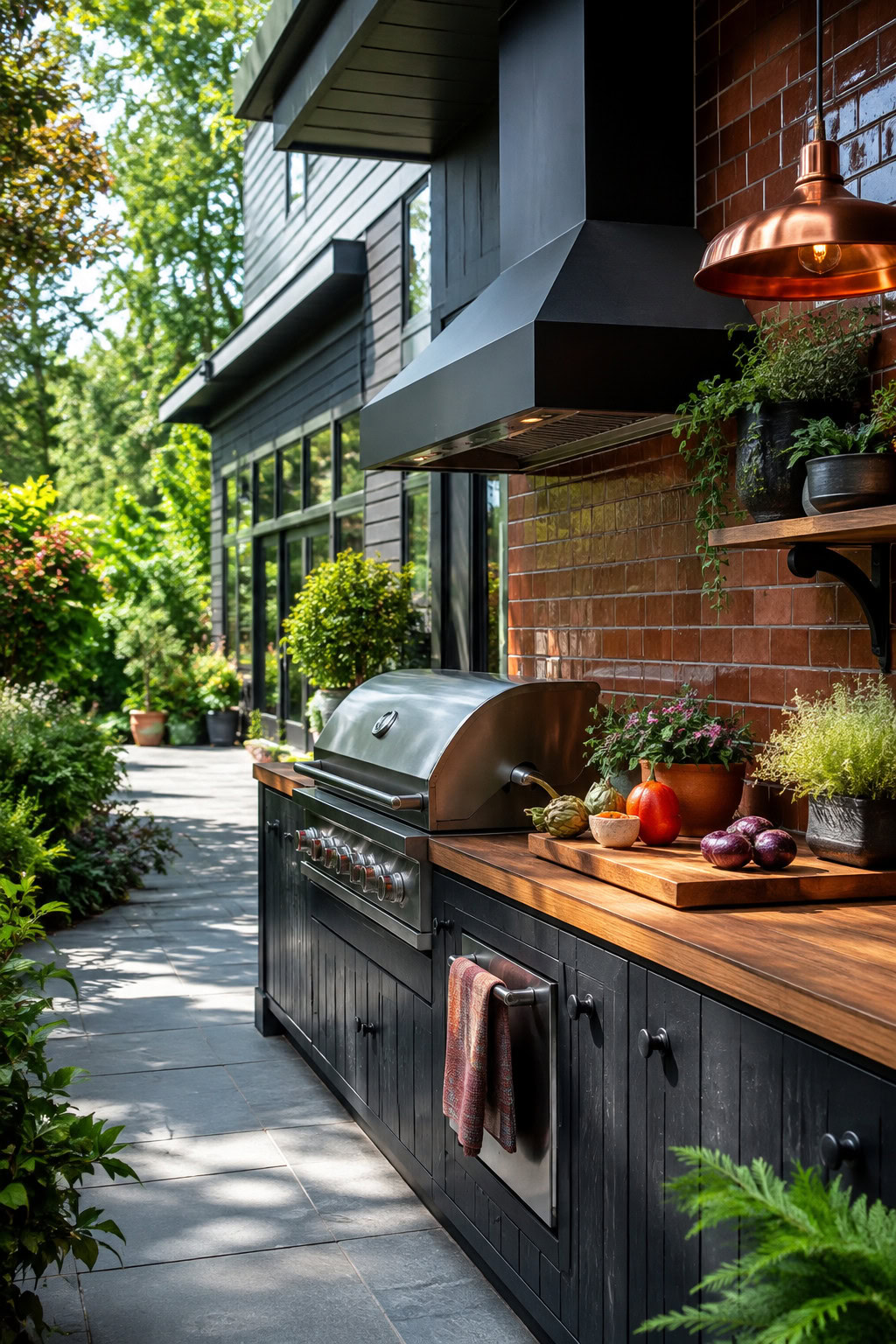 Stylish outdoor kitchen with dark cabinetry and terracotta tile