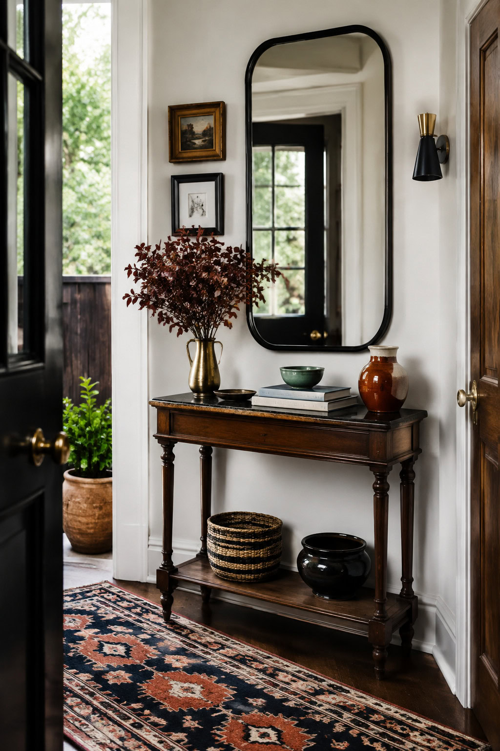 Eclectic mix-and-match narrow console arrangement